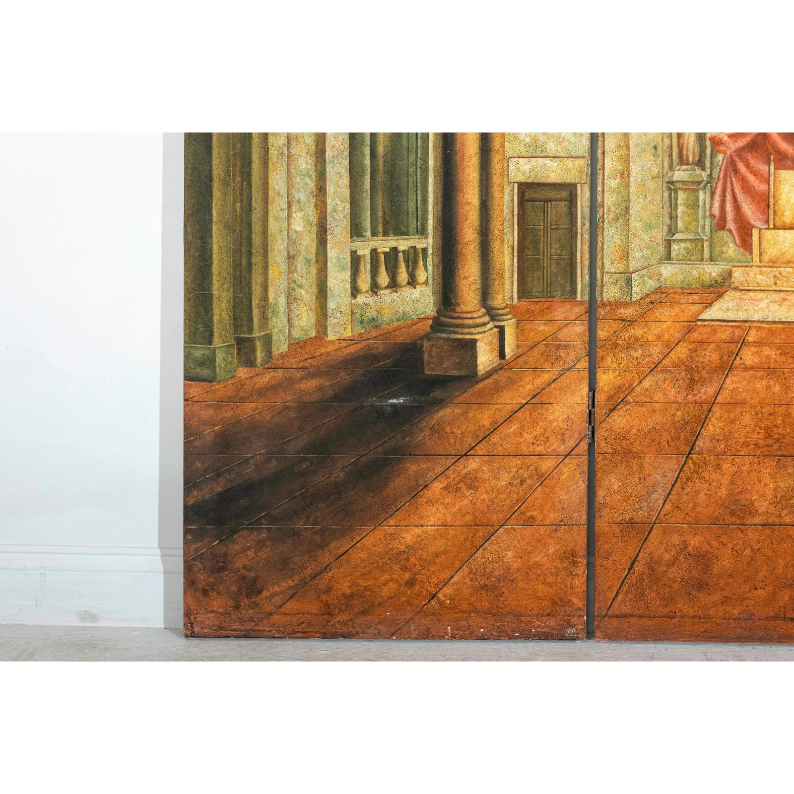 Painted Three-Panel Screen with Trompe-l&#39;Œil Palace Interior and Throne Scene-10. Asian &amp; Chinese Furniture, Art, Antiques, Vintage Home Décor for sale at FEA Home