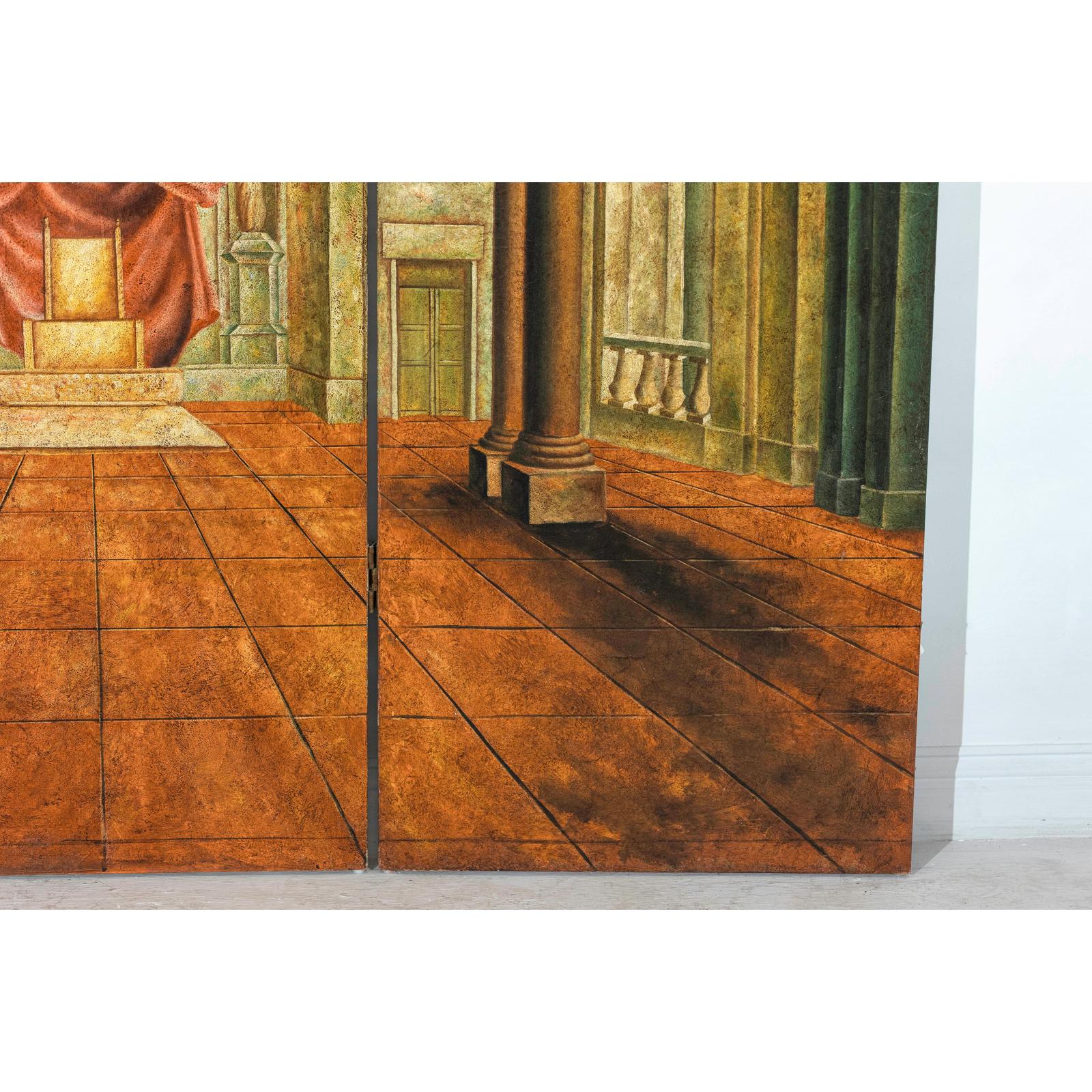 Painted Three-Panel Screen with Trompe-l&#39;Œil Palace Interior and Throne Scene-11. Asian &amp; Chinese Furniture, Art, Antiques, Vintage Home Décor for sale at FEA Home