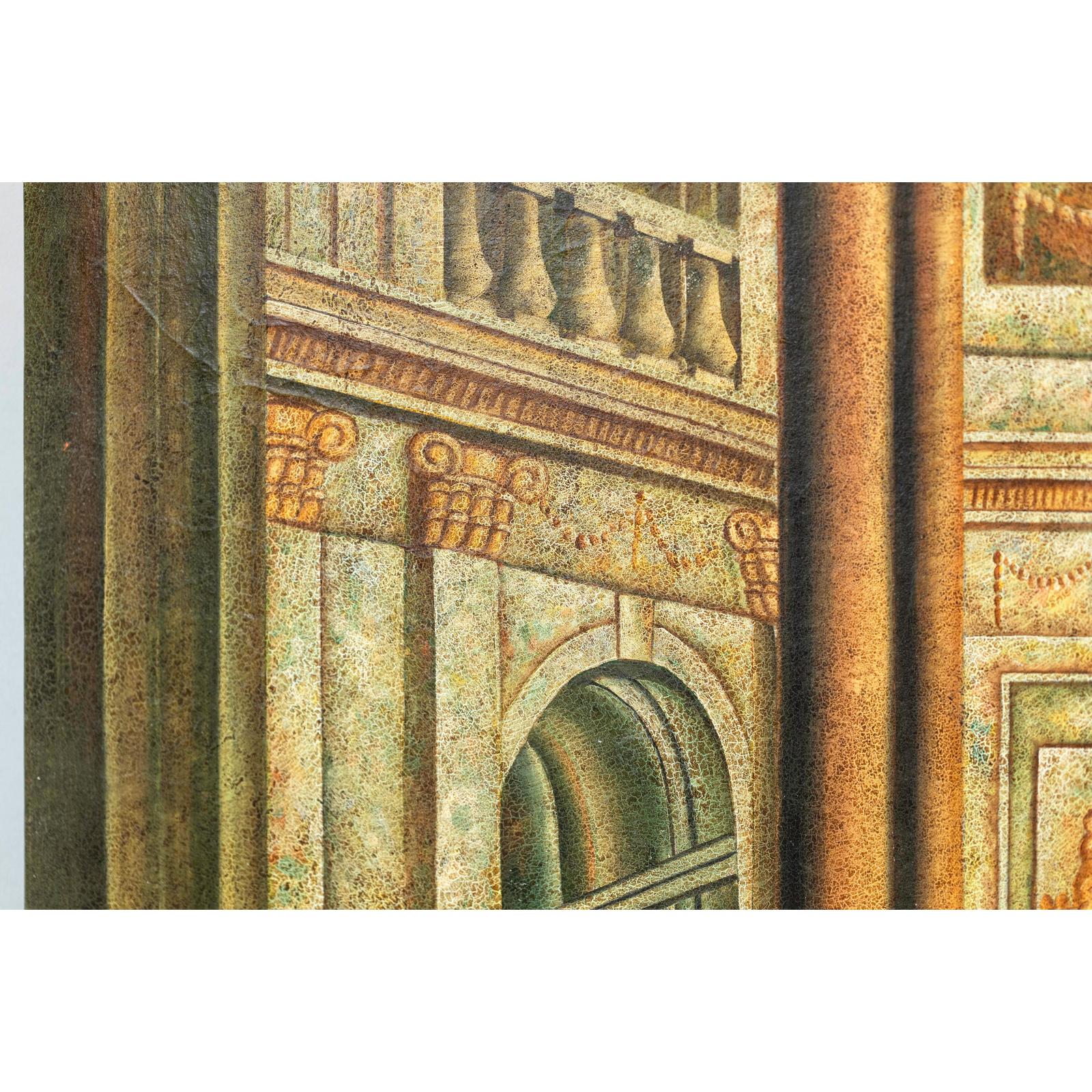 Painted Three-Panel Screen with Trompe-l&#39;Œil Palace Interior and Throne Scene-12. Asian &amp; Chinese Furniture, Art, Antiques, Vintage Home Décor for sale at FEA Home