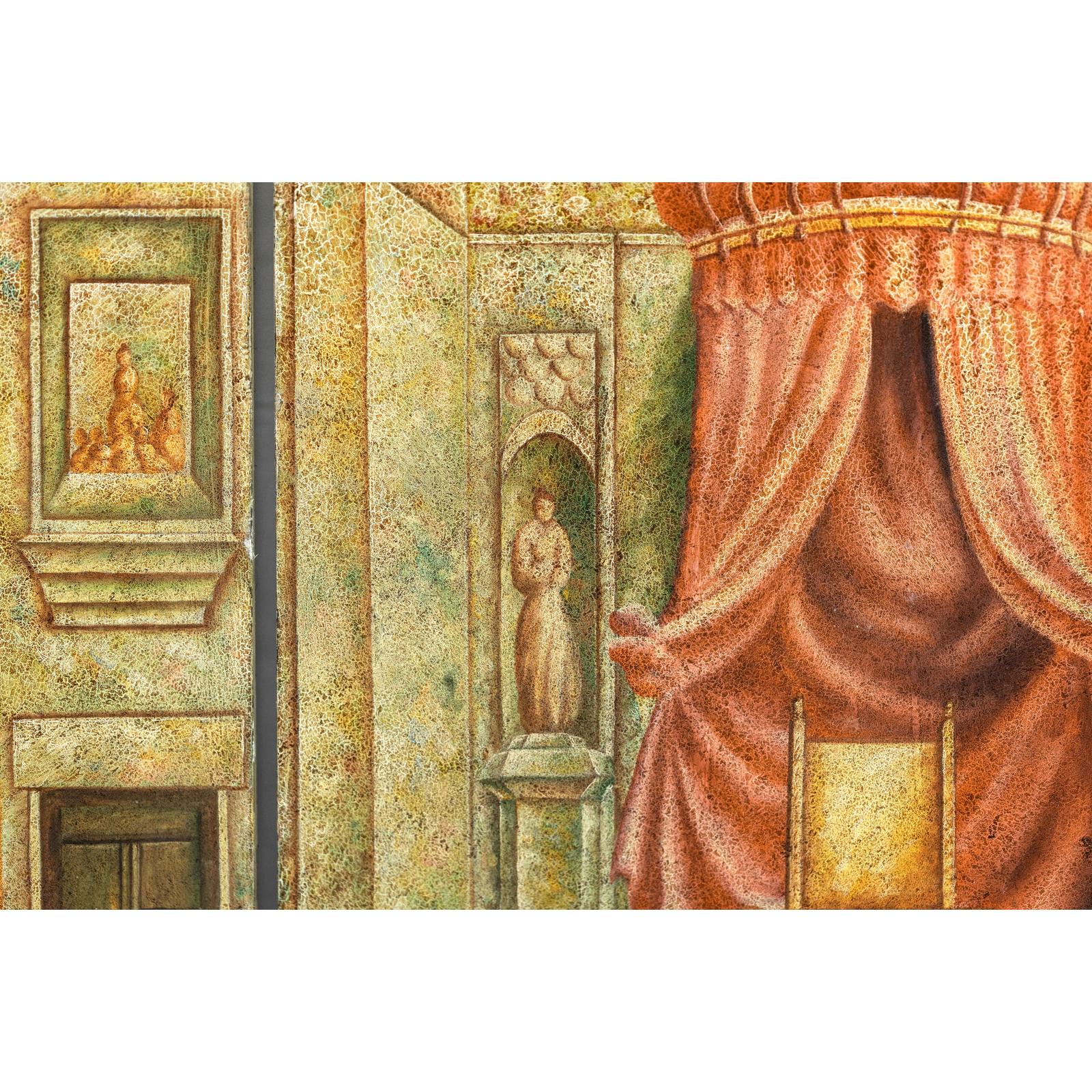 Painted Three-Panel Screen with Trompe-l&#39;Œil Palace Interior and Throne Scene-13. Asian &amp; Chinese Furniture, Art, Antiques, Vintage Home Décor for sale at FEA Home