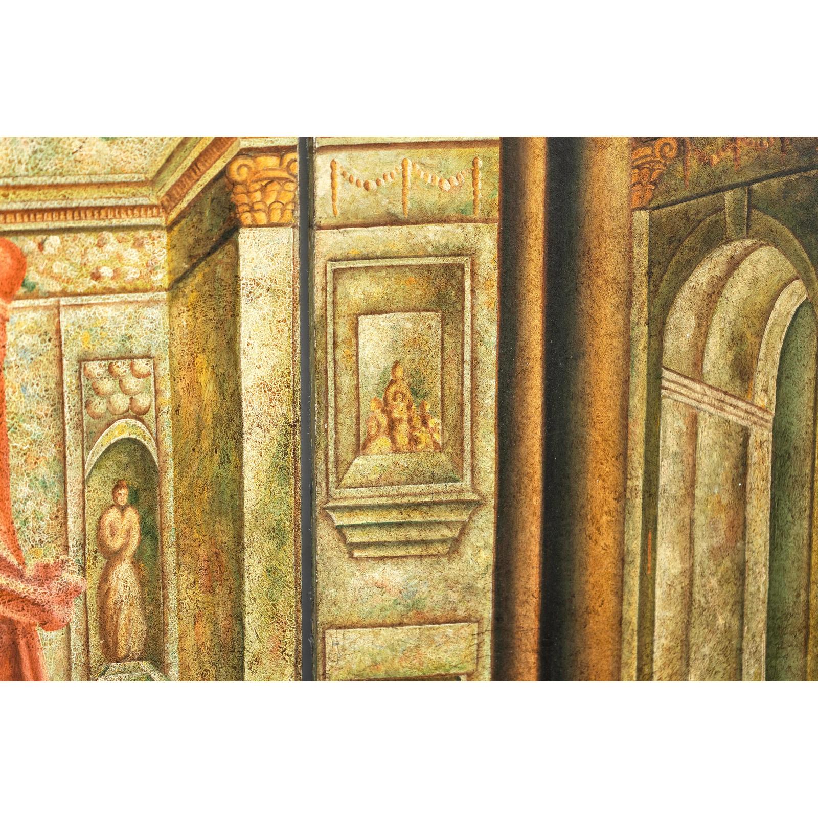 Painted Three-Panel Screen with Trompe-l&#39;Œil Palace Interior and Throne Scene-14. Asian &amp; Chinese Furniture, Art, Antiques, Vintage Home Décor for sale at FEA Home