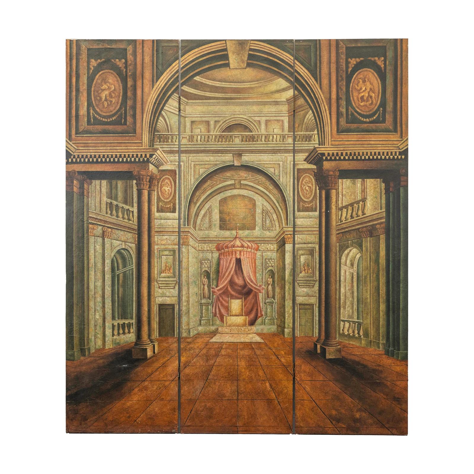 Painted Three-Panel Screen with Trompe-l&#39;Œil Palace Interior and Throne Scene-17. Asian &amp; Chinese Furniture, Art, Antiques, Vintage Home Décor for sale at FEA Home