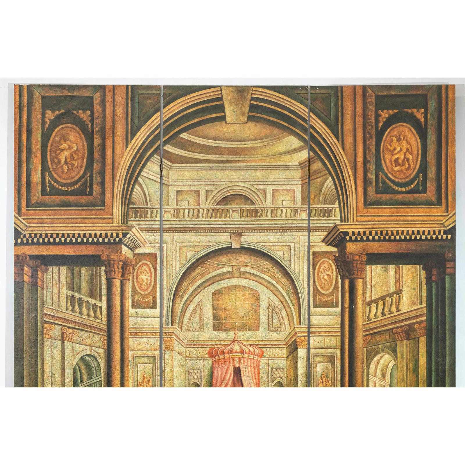 Painted Three-Panel Screen with Trompe-l&#39;Œil Palace Interior and Throne Scene-3. Asian &amp; Chinese Furniture, Art, Antiques, Vintage Home Décor for sale at FEA Home