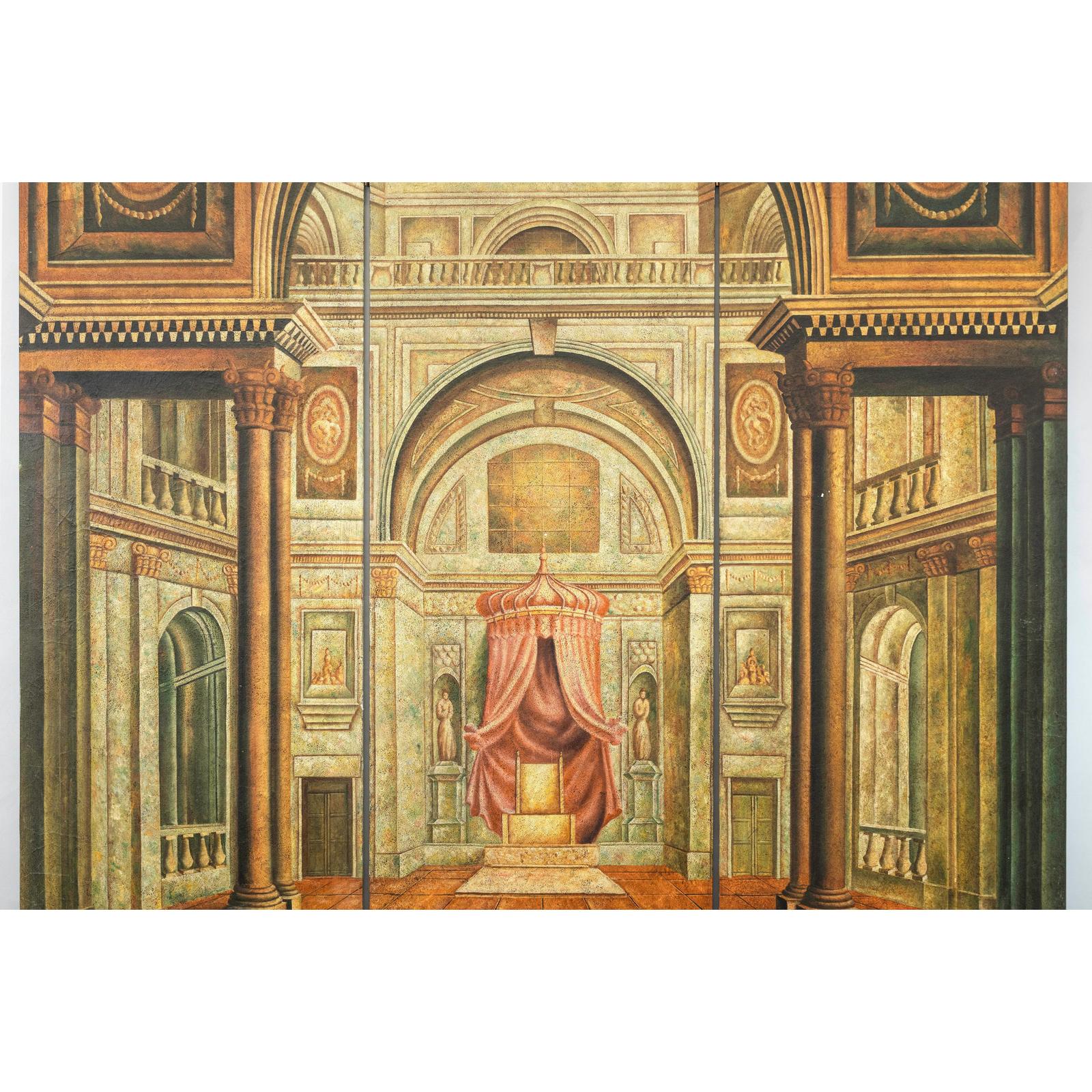 Painted Three-Panel Screen with Trompe-l&#39;Œil Palace Interior and Throne Scene-4. Asian &amp; Chinese Furniture, Art, Antiques, Vintage Home Décor for sale at FEA Home