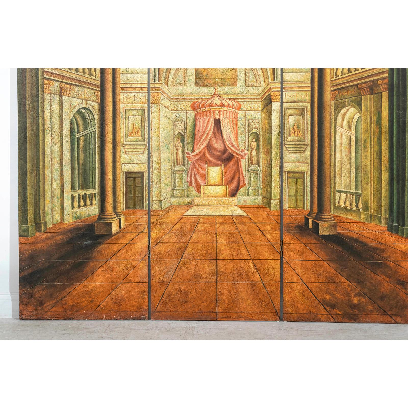 Painted Three-Panel Screen with Trompe-l&#39;Œil Palace Interior and Throne Scene-5. Asian &amp; Chinese Furniture, Art, Antiques, Vintage Home Décor for sale at FEA Home