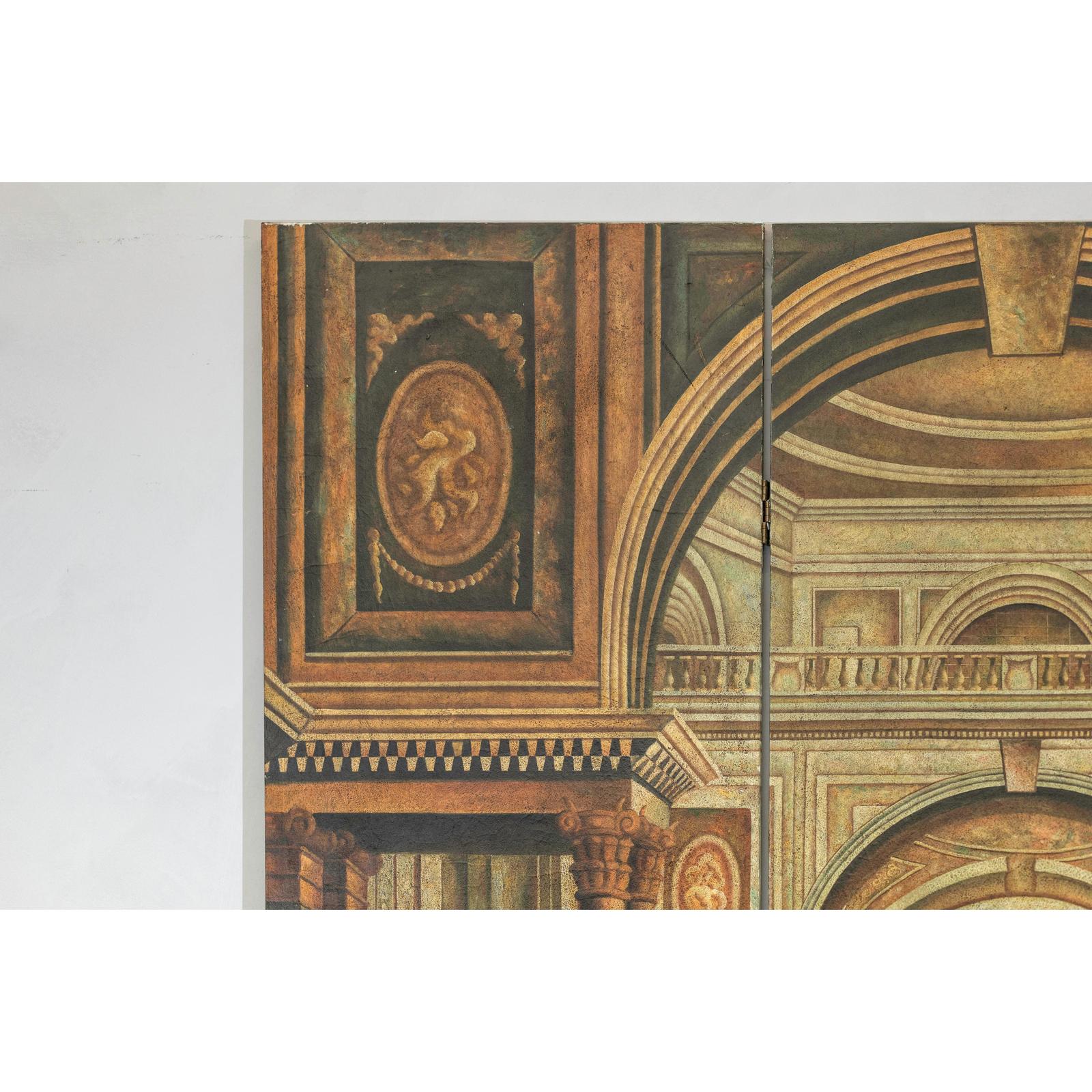 Painted Three-Panel Screen with Trompe-l&#39;Œil Palace Interior and Throne Scene-6. Asian &amp; Chinese Furniture, Art, Antiques, Vintage Home Décor for sale at FEA Home