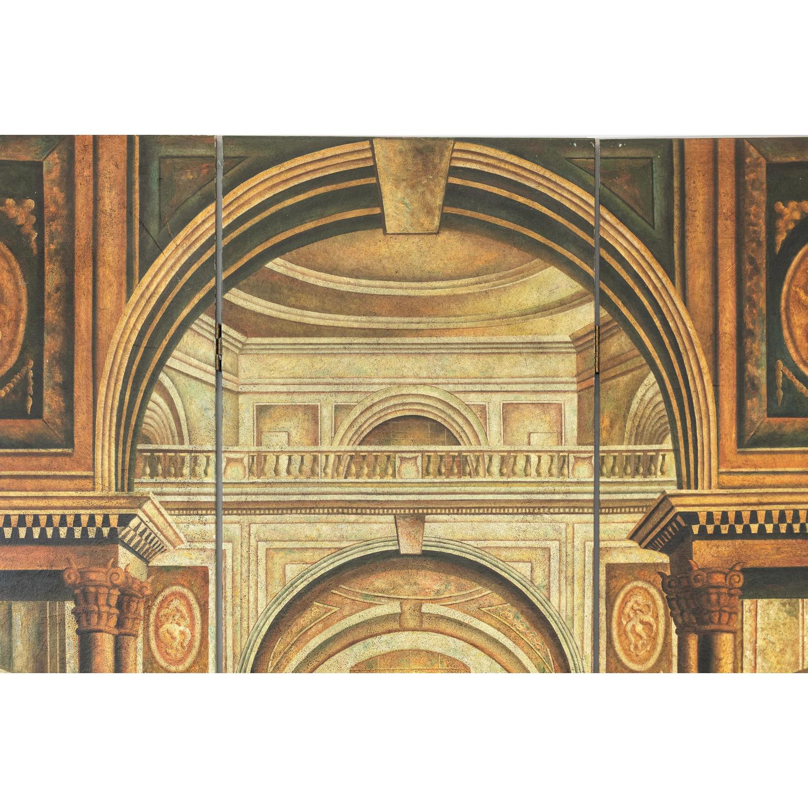 Painted Three-Panel Screen with Trompe-l&#39;Œil Palace Interior and Throne Scene-7. Asian &amp; Chinese Furniture, Art, Antiques, Vintage Home Décor for sale at FEA Home