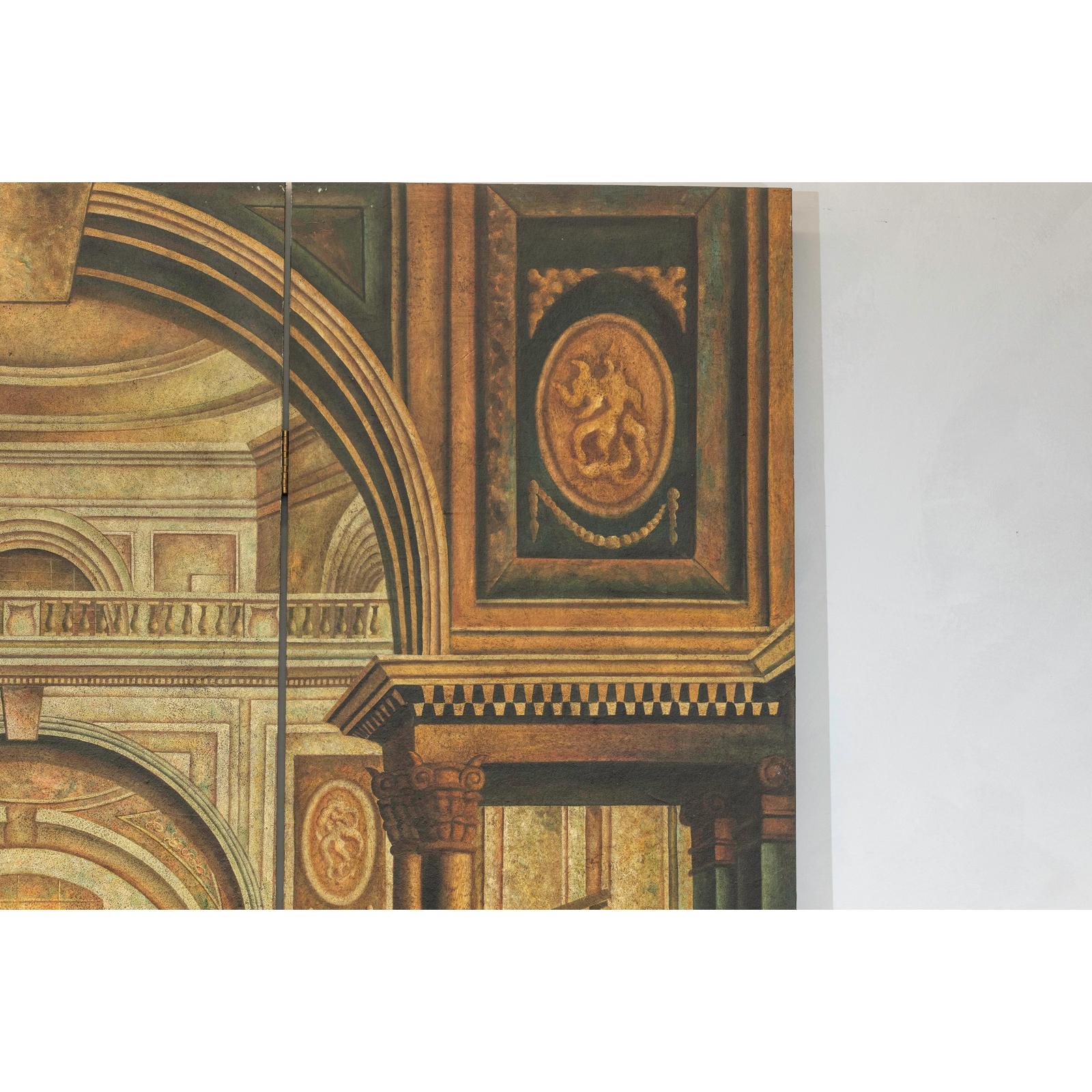 Painted Three-Panel Screen with Trompe-l&#39;Œil Palace Interior and Throne Scene-8. Asian &amp; Chinese Furniture, Art, Antiques, Vintage Home Décor for sale at FEA Home
