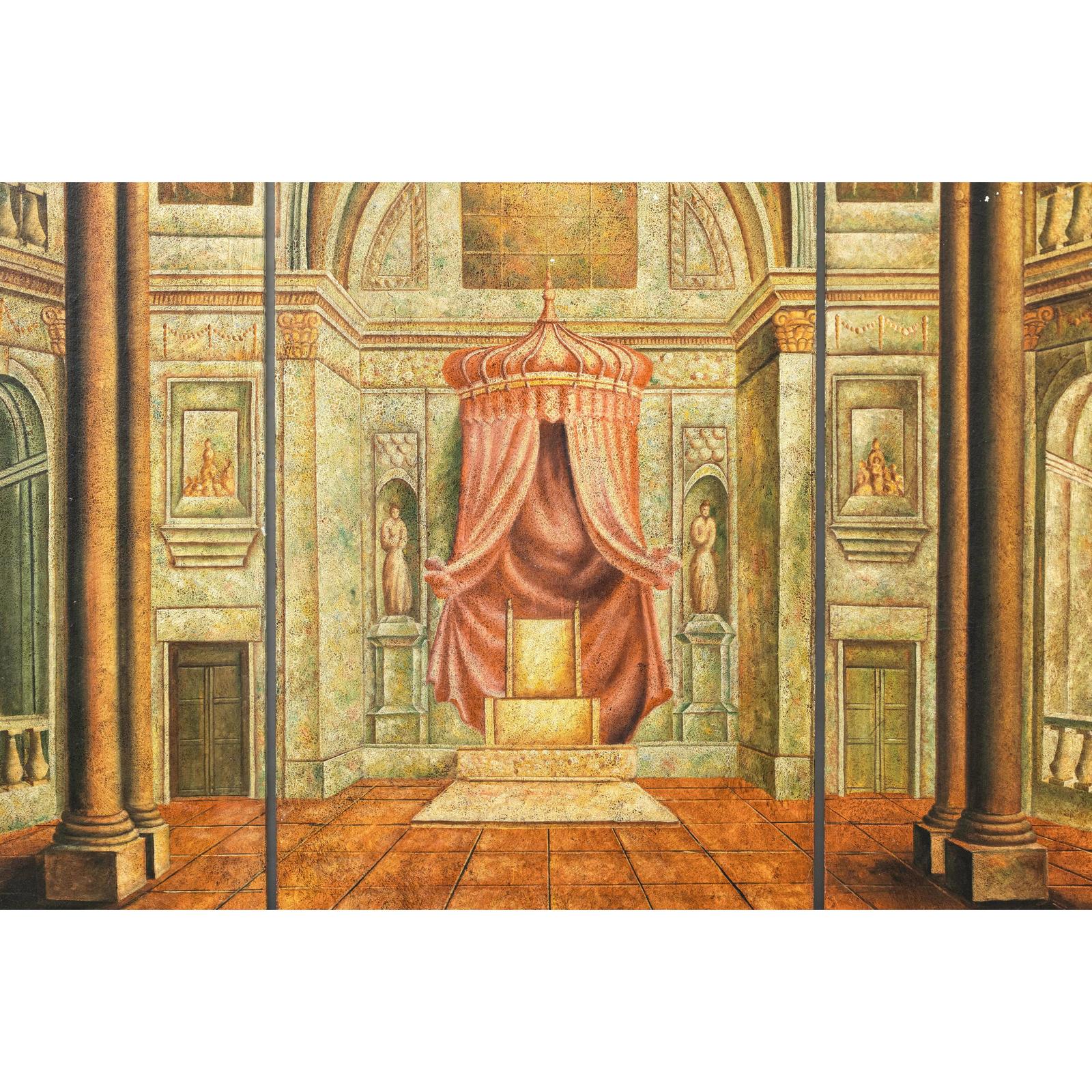 Painted Three-Panel Screen with Trompe-l&#39;Œil Palace Interior and Throne Scene-9. Asian &amp; Chinese Furniture, Art, Antiques, Vintage Home Décor for sale at FEA Home