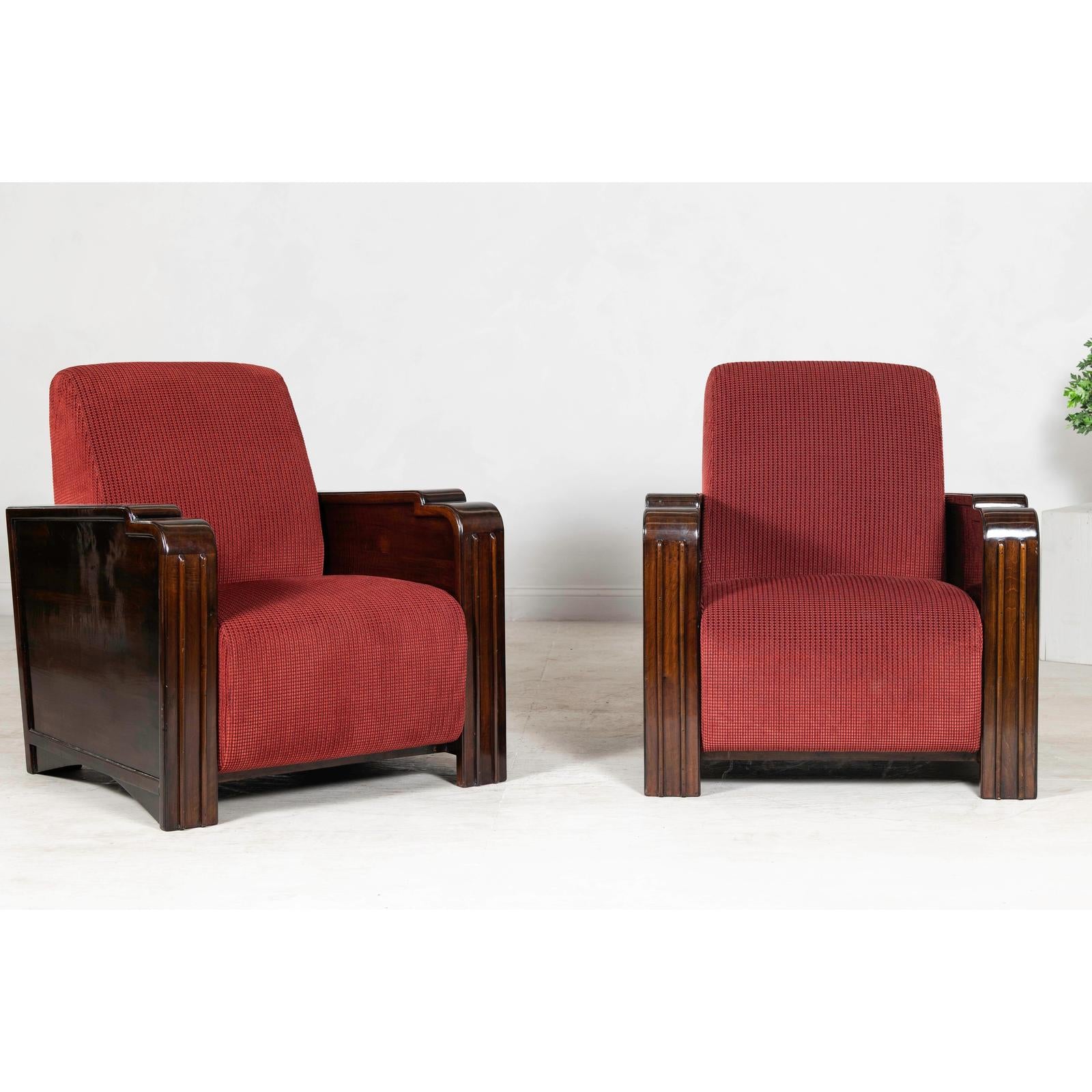 Pair of Art Deco Club Chairs with Carved Wood Arms, Burgundy Upholstery-10. Asian &amp; Chinese Furniture, Art, Antiques, Vintage Home Décor for sale at FEA Home