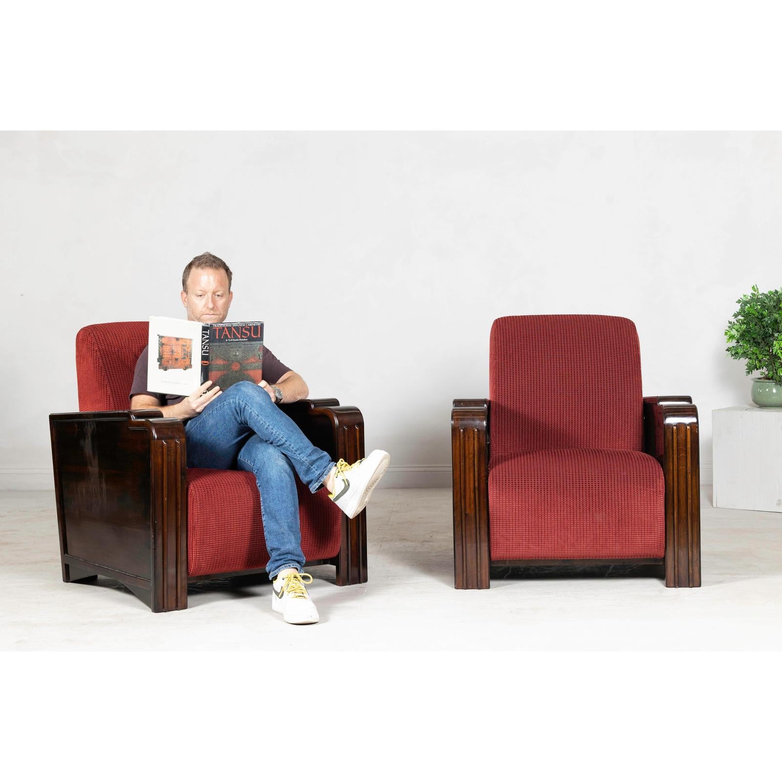 Pair of Art Deco Club Chairs with Carved Wood Arms, Burgundy Upholstery-3. Asian &amp; Chinese Furniture, Art, Antiques, Vintage Home Décor for sale at FEA Home