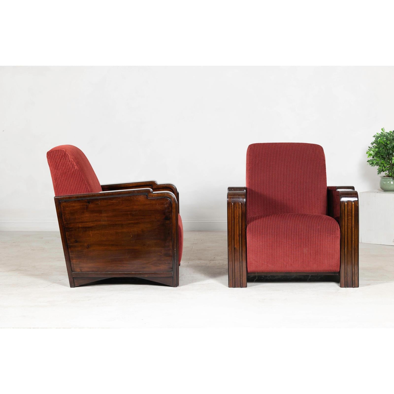 Pair of Art Deco Club Chairs with Carved Wood Arms, Burgundy Upholstery-4. Asian &amp; Chinese Furniture, Art, Antiques, Vintage Home Décor for sale at FEA Home