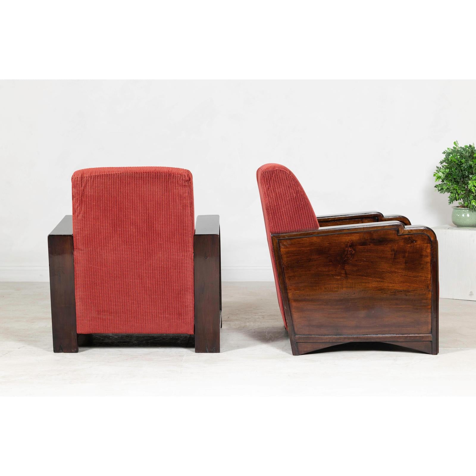 Pair of Art Deco Club Chairs with Carved Wood Arms, Burgundy Upholstery-5. Asian &amp; Chinese Furniture, Art, Antiques, Vintage Home Décor for sale at FEA Home