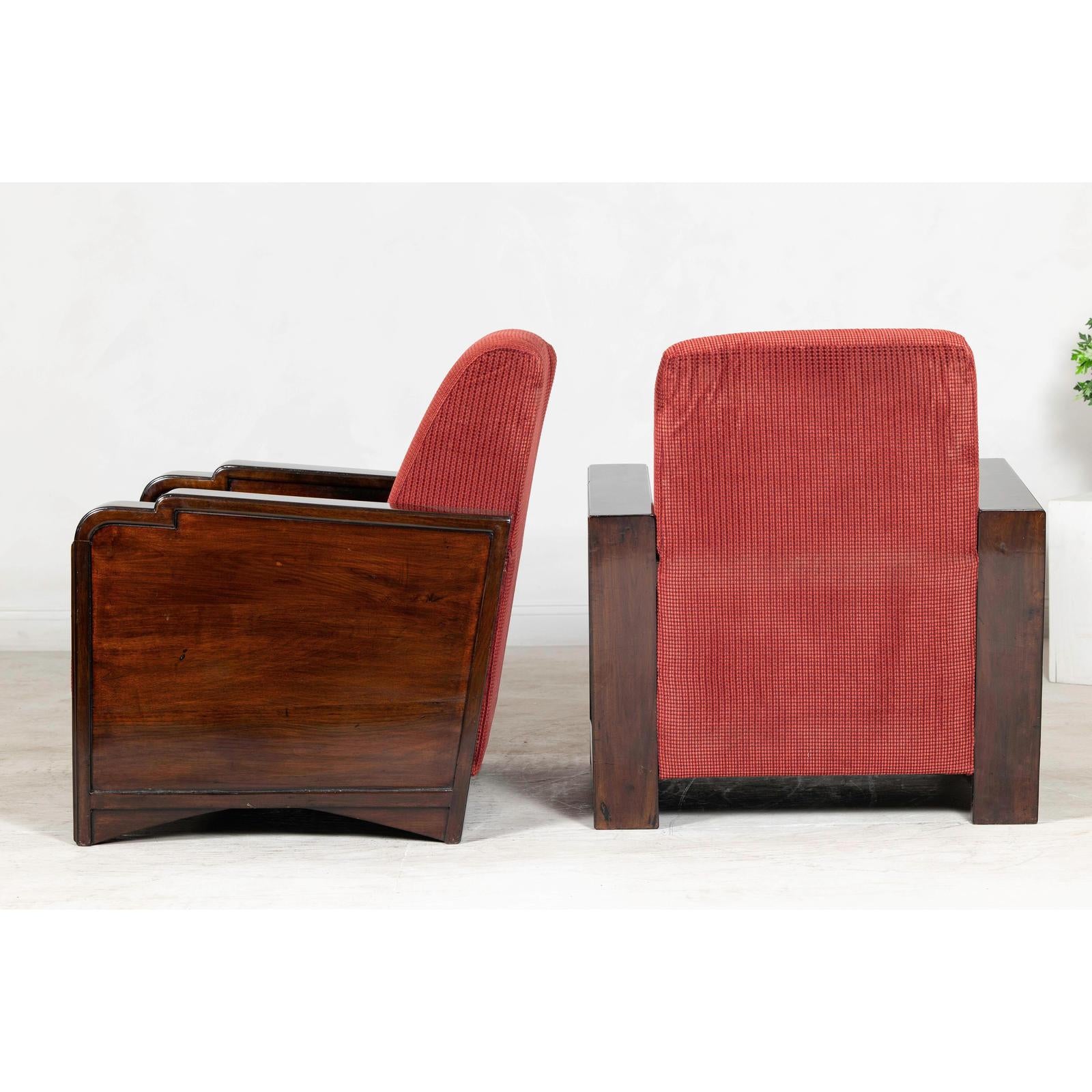 Pair of Art Deco Club Chairs with Carved Wood Arms, Burgundy Upholstery-6. Asian &amp; Chinese Furniture, Art, Antiques, Vintage Home Décor for sale at FEA Home