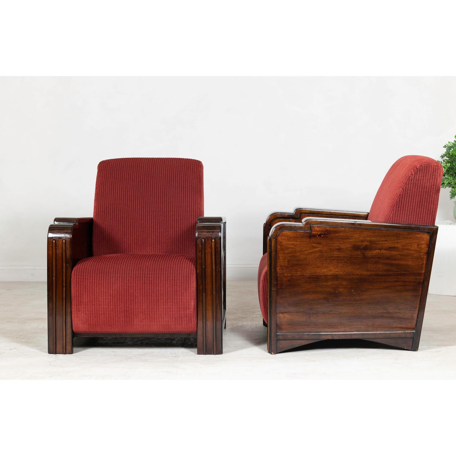 Pair of Art Deco Club Chairs with Carved Wood Arms, Burgundy Upholstery-7. Asian &amp; Chinese Furniture, Art, Antiques, Vintage Home Décor for sale at FEA Home