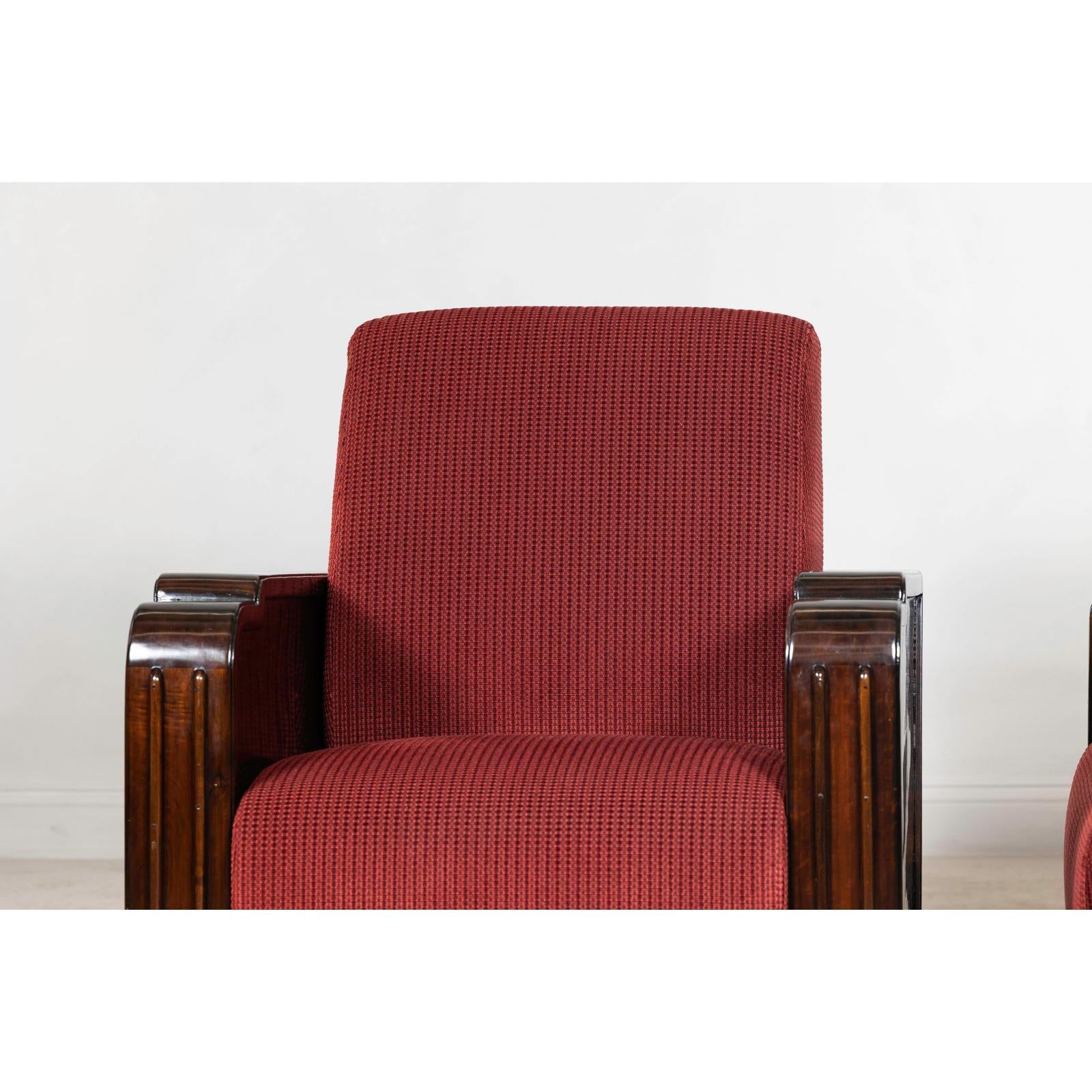 Pair of Art Deco Club Chairs with Carved Wood Arms, Burgundy Upholstery-8. Asian &amp; Chinese Furniture, Art, Antiques, Vintage Home Décor for sale at FEA Home