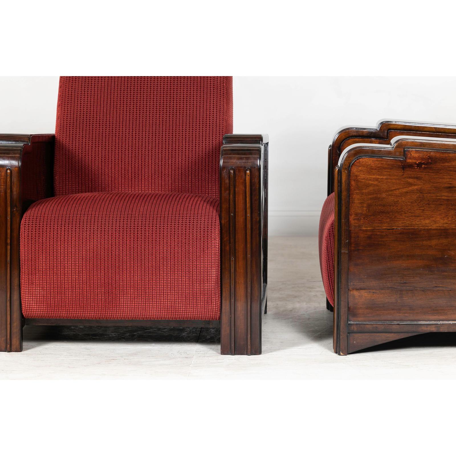 Pair of Art Deco Club Chairs with Carved Wood Arms, Burgundy Upholstery-9. Asian &amp; Chinese Furniture, Art, Antiques, Vintage Home Décor for sale at FEA Home