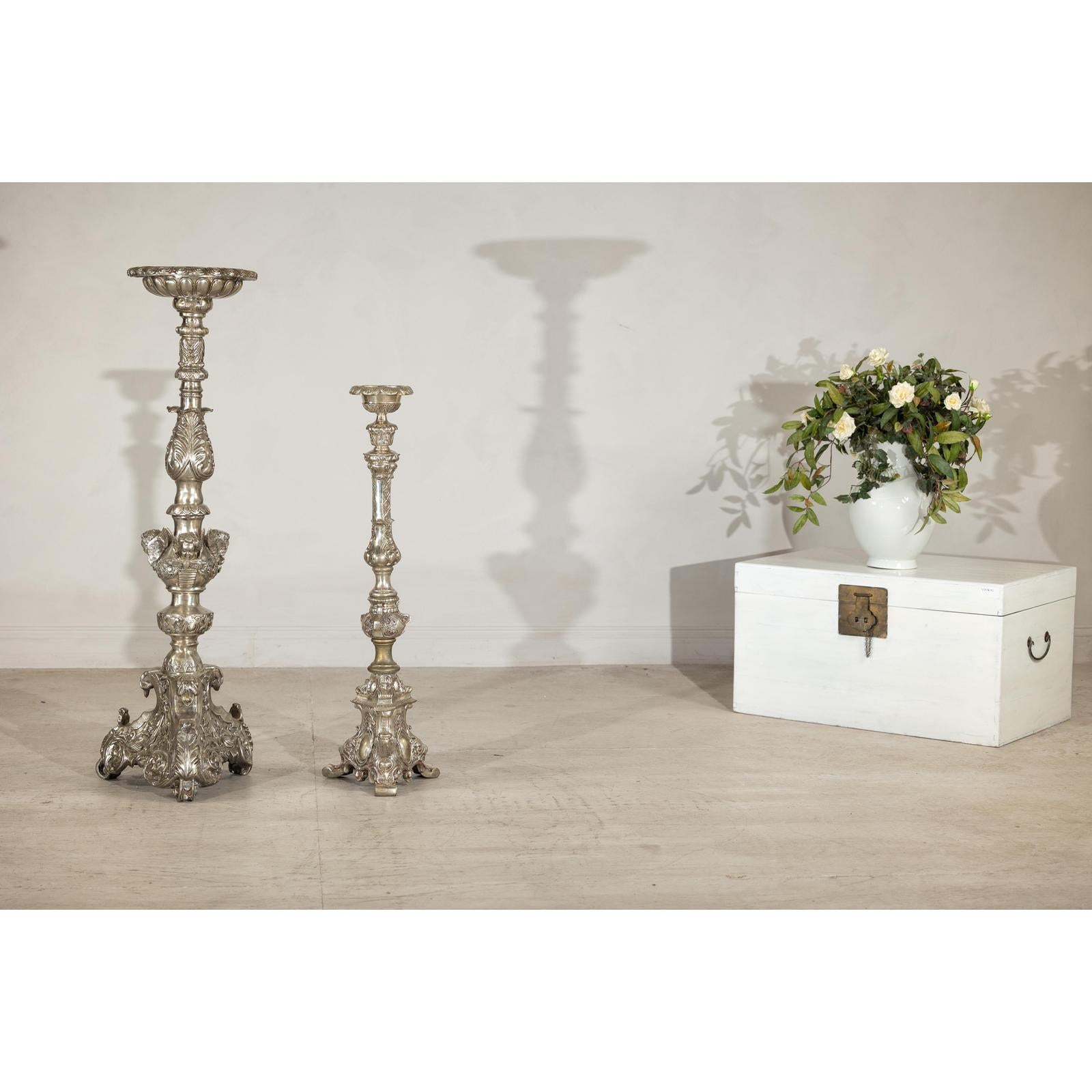 Pair of Baroque Revival Silver-Plated Bronze Candlesticks-2. Asian &amp; Chinese Furniture, Art, Antiques, Vintage Home Décor for sale at FEA Home