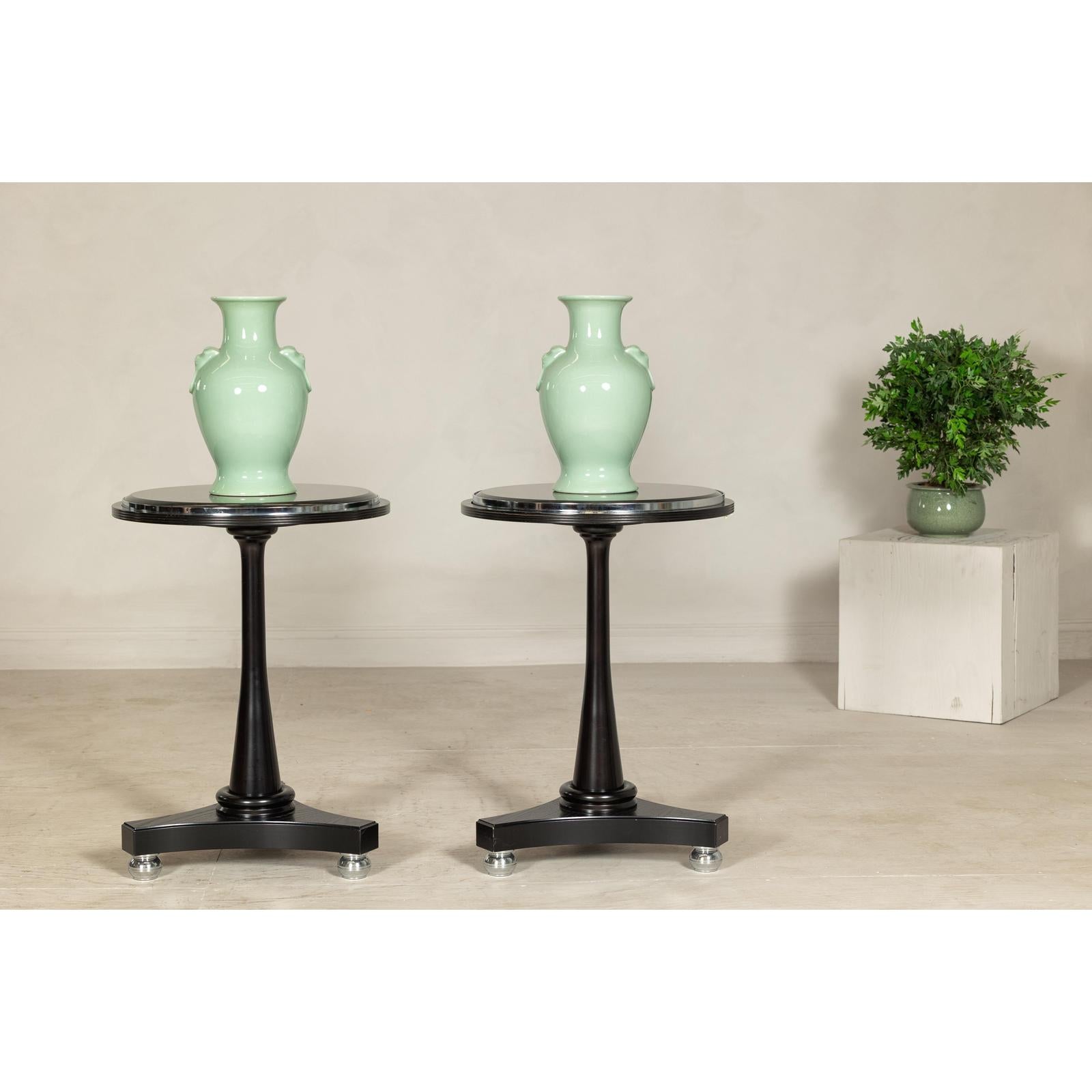 Pair of Black Marble Top Gueridon Tables with Silver Metal Ball Feet-2. Asian & Chinese Furniture, Art, Antiques, Vintage Home Décor for sale at FEA Home