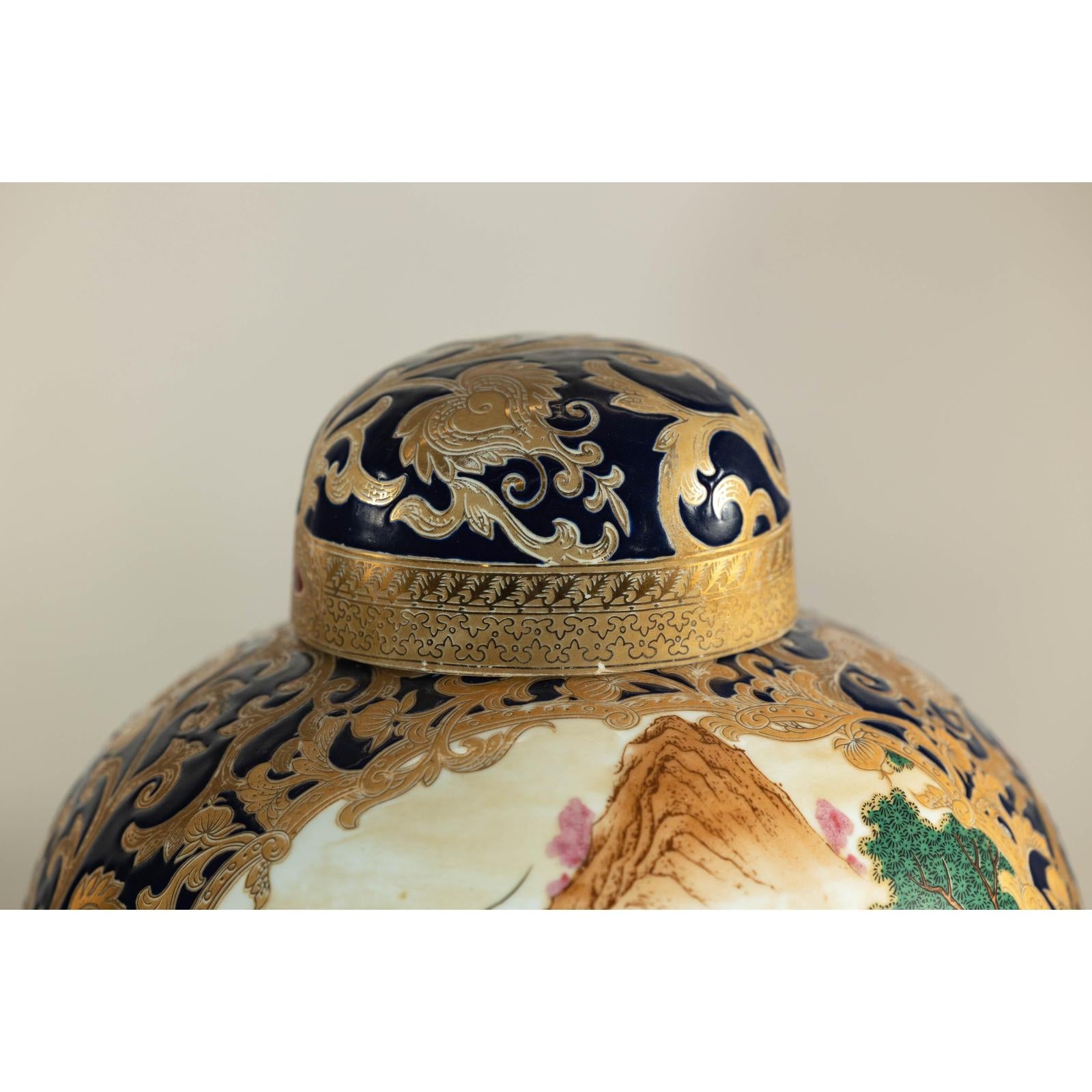 Pair of Blue and Gold Lidded Porcelain Urns with Equestrian Hunt Scene-10. Asian &amp; Chinese Furniture, Art, Antiques, Vintage Home Décor for sale at FEA Home