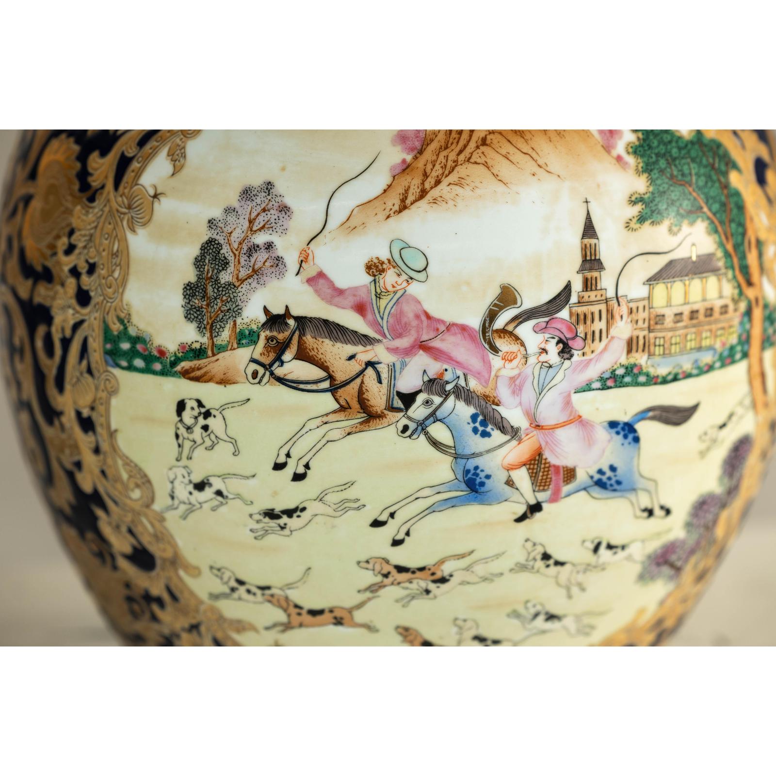 Pair of Blue and Gold Lidded Porcelain Urns with Equestrian Hunt Scene-11. Asian &amp; Chinese Furniture, Art, Antiques, Vintage Home Décor for sale at FEA Home