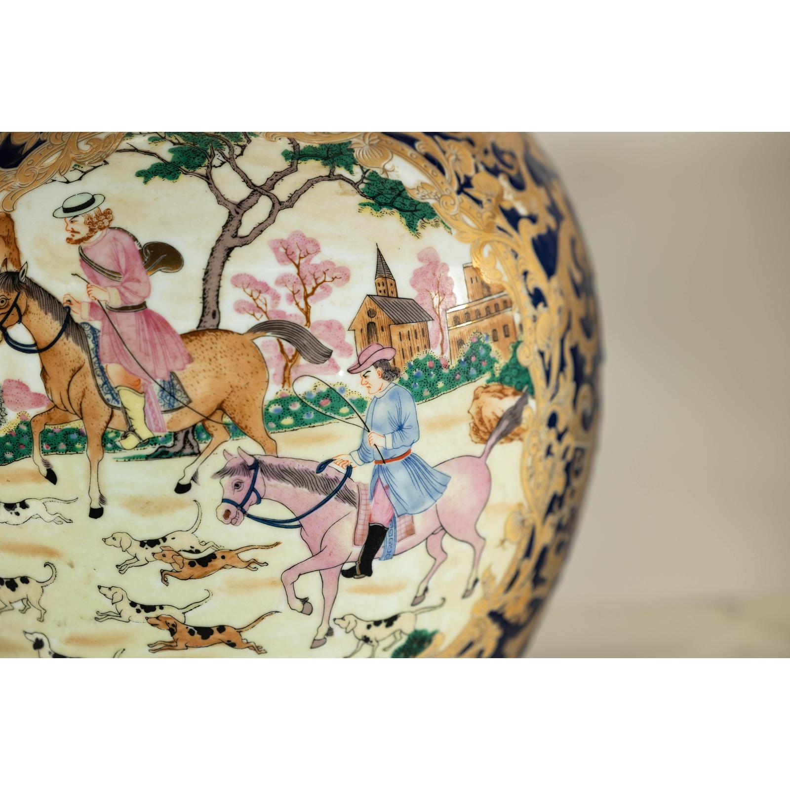 Pair of Blue and Gold Lidded Porcelain Urns with Equestrian Hunt Scene-12. Asian &amp; Chinese Furniture, Art, Antiques, Vintage Home Décor for sale at FEA Home
