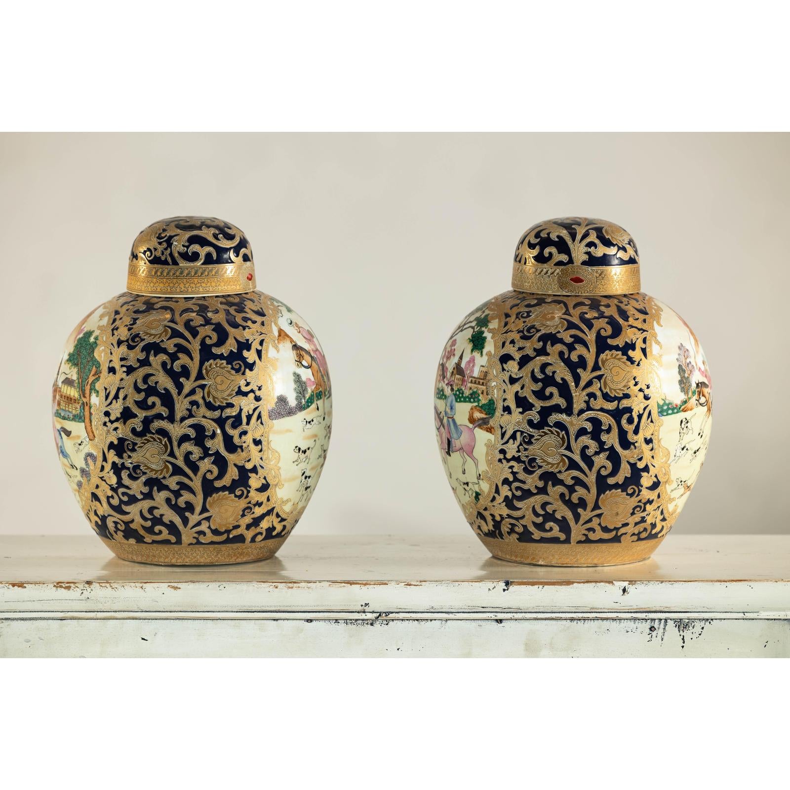Pair of Blue and Gold Lidded Porcelain Urns with Equestrian Hunt Scene-13. Asian &amp; Chinese Furniture, Art, Antiques, Vintage Home Décor for sale at FEA Home
