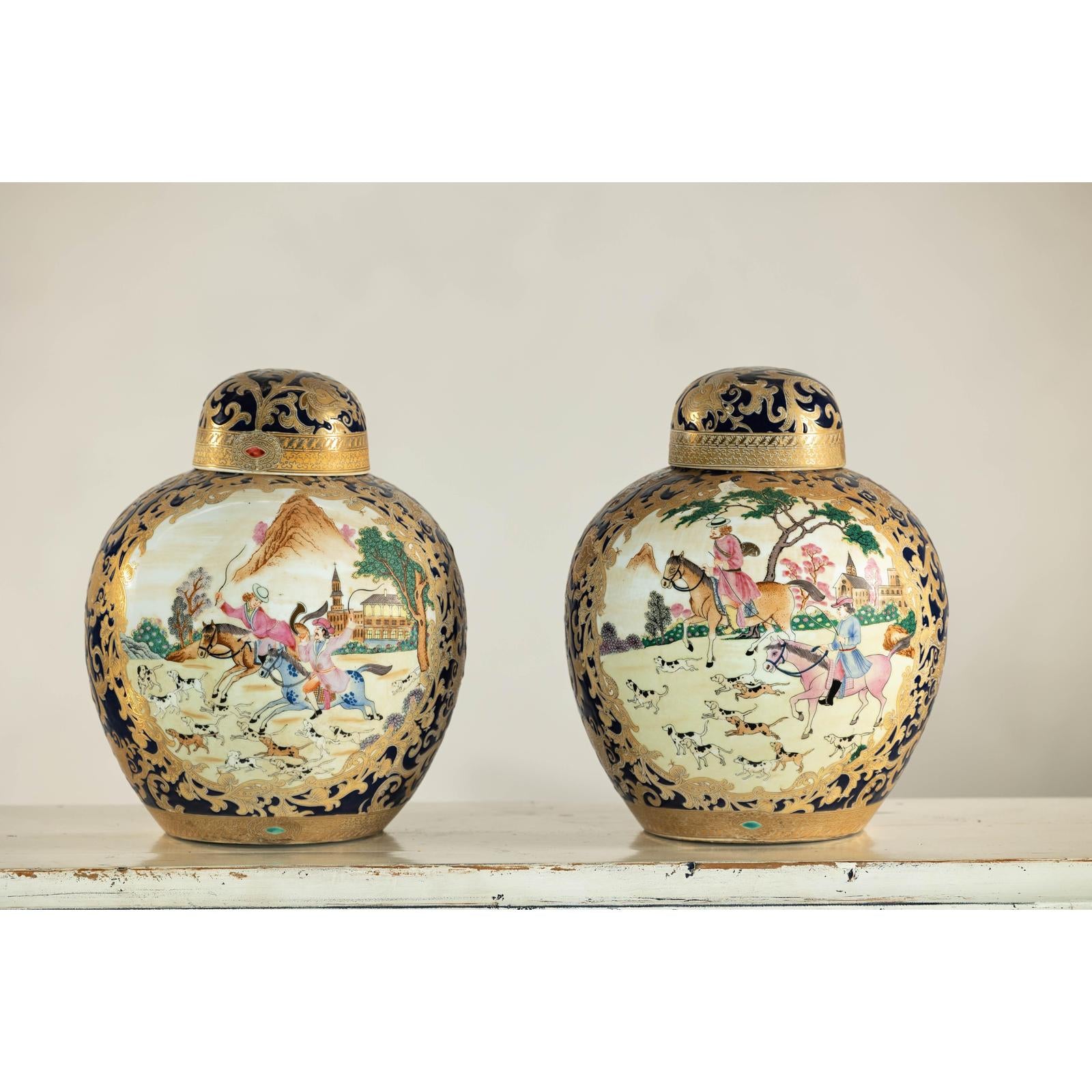 Pair of Blue and Gold Lidded Porcelain Urns with Equestrian Hunt Scene-14. Asian &amp; Chinese Furniture, Art, Antiques, Vintage Home Décor for sale at FEA Home