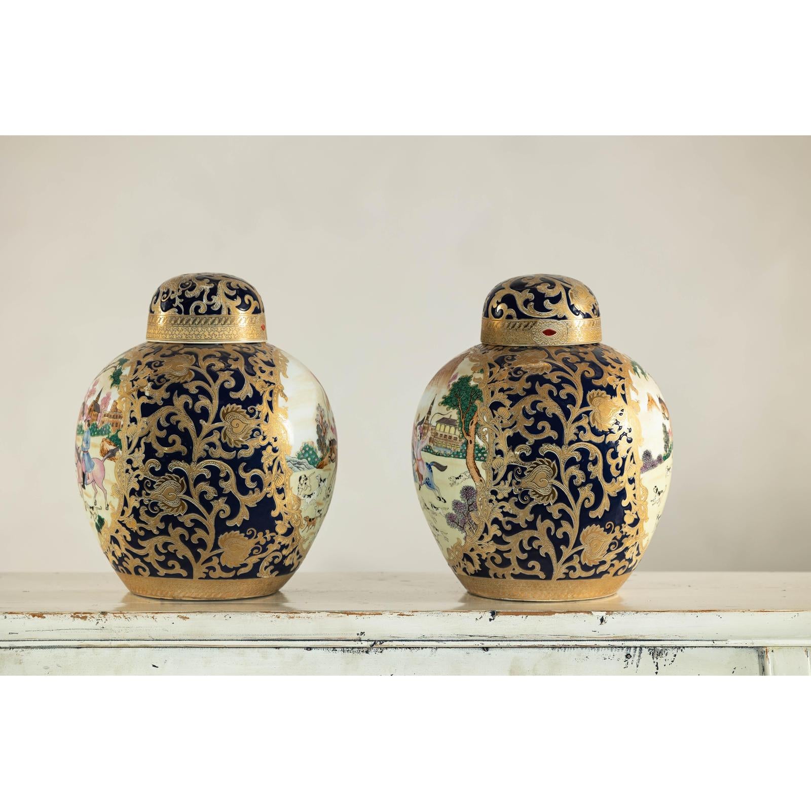 Pair of Blue and Gold Lidded Porcelain Urns with Equestrian Hunt Scene-15. Asian &amp; Chinese Furniture, Art, Antiques, Vintage Home Décor for sale at FEA Home
