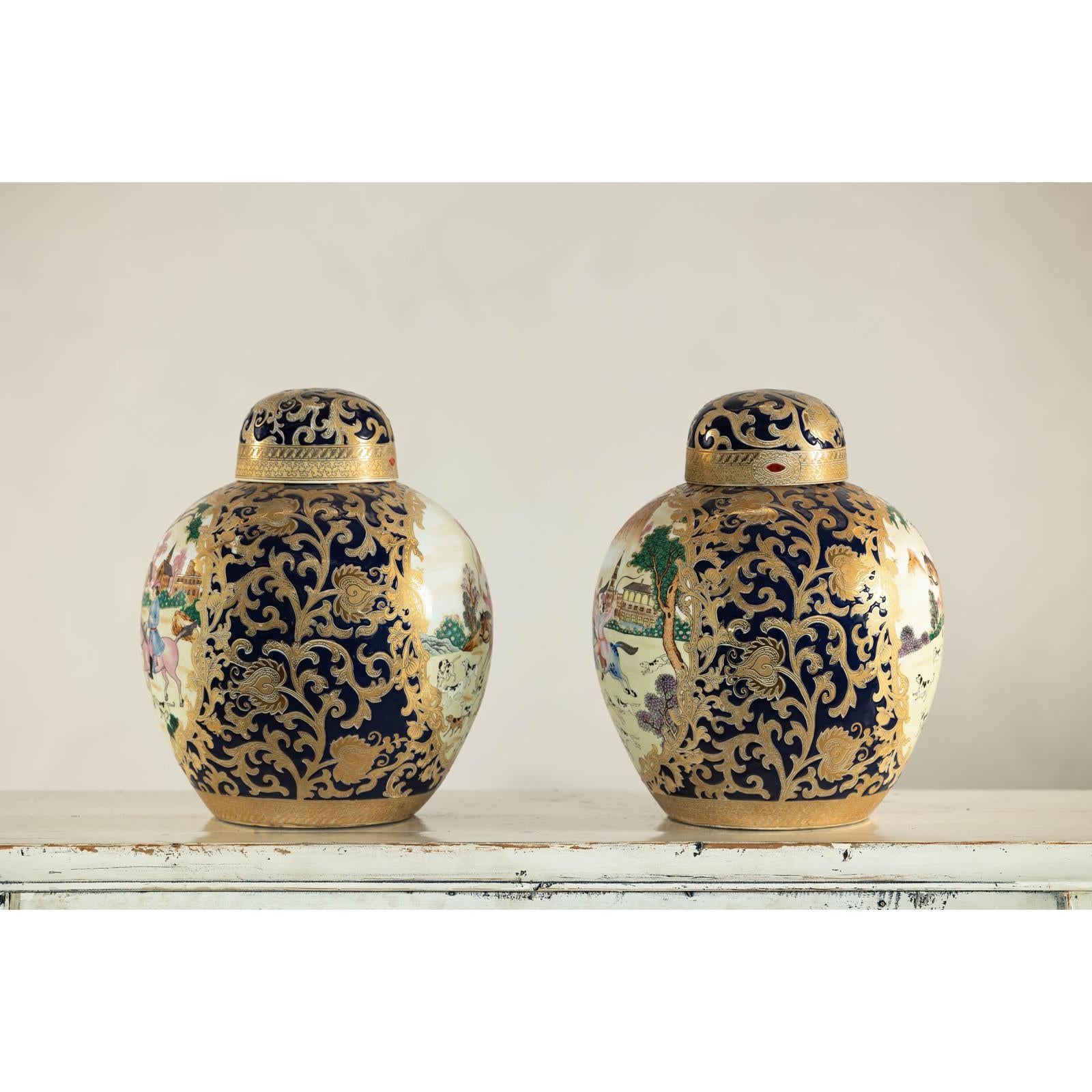 Pair of Blue and Gold Lidded Porcelain Urns with Equestrian Hunt Scene-16. Asian &amp; Chinese Furniture, Art, Antiques, Vintage Home Décor for sale at FEA Home