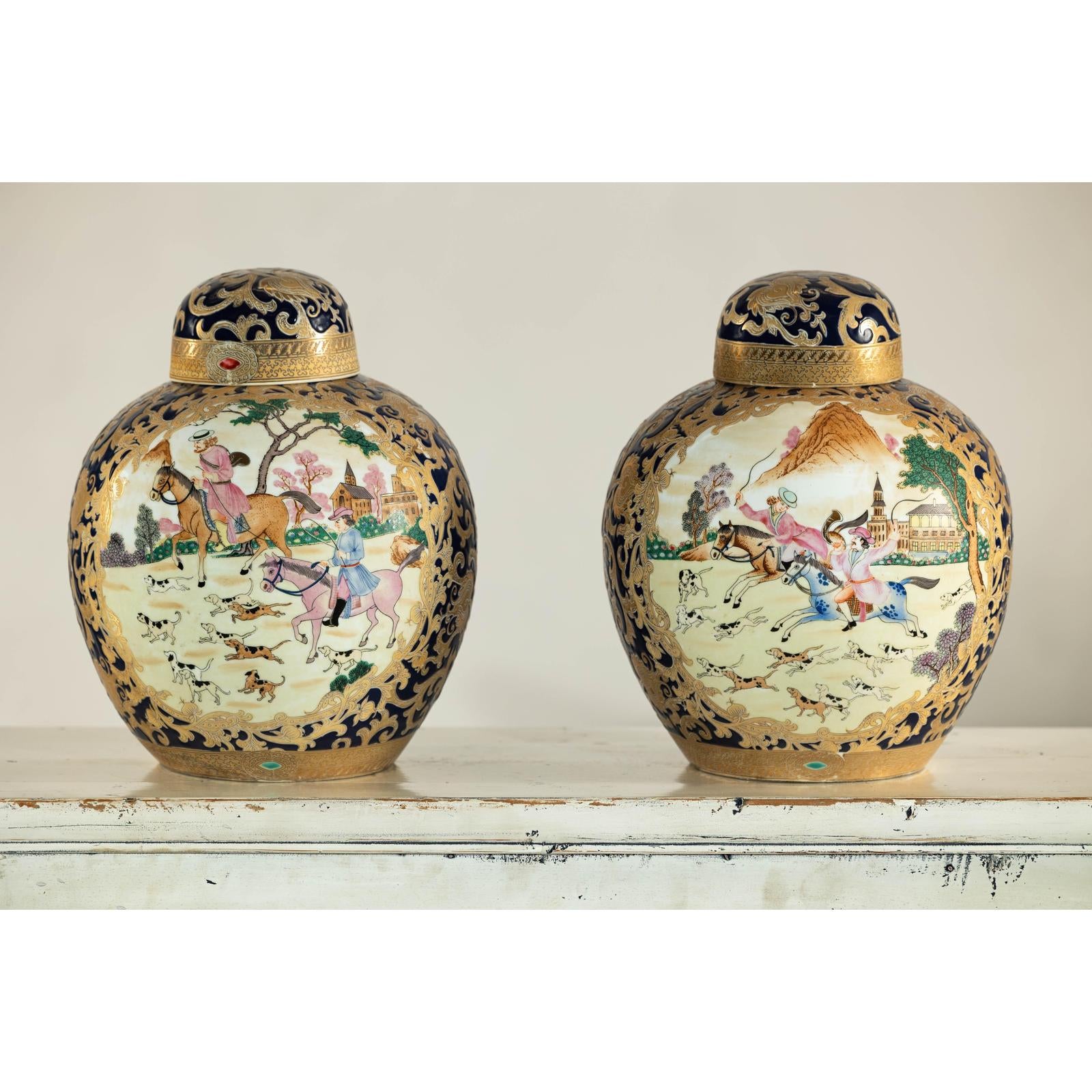 Pair of Blue and Gold Lidded Porcelain Urns with Equestrian Hunt Scene-17. Asian &amp; Chinese Furniture, Art, Antiques, Vintage Home Décor for sale at FEA Home