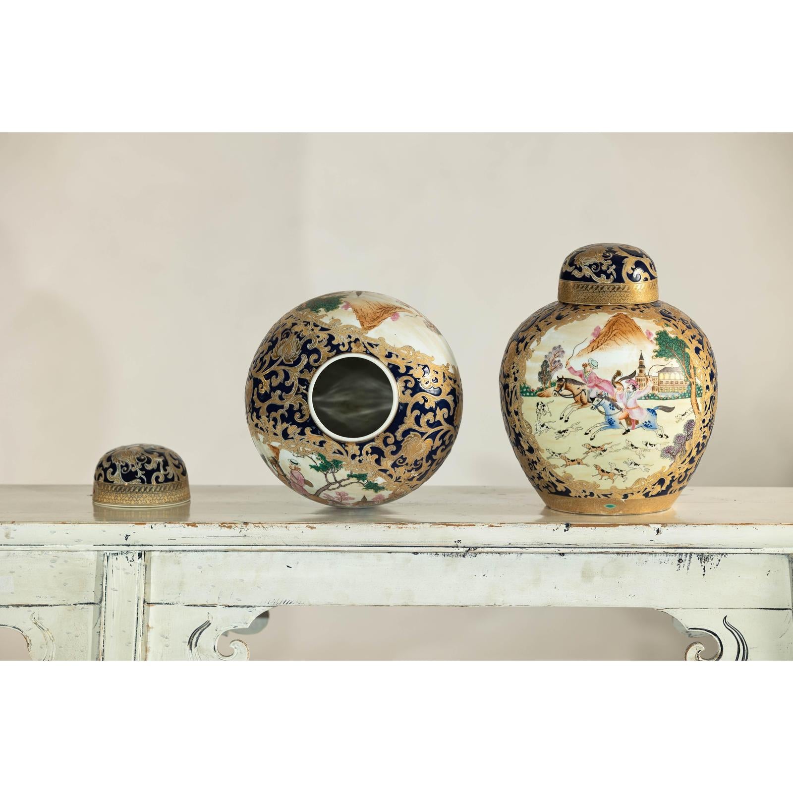 Pair of Blue and Gold Lidded Porcelain Urns with Equestrian Hunt Scene-18. Asian &amp; Chinese Furniture, Art, Antiques, Vintage Home Décor for sale at FEA Home
