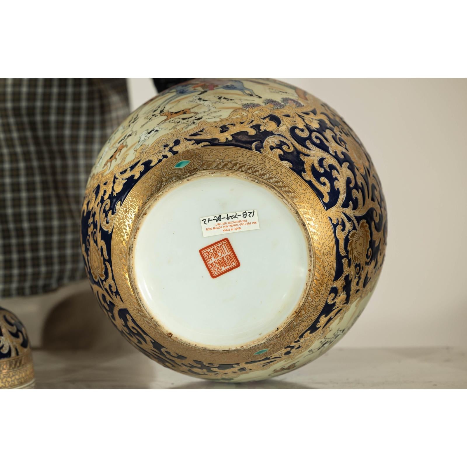 Pair of Blue and Gold Lidded Porcelain Urns with Equestrian Hunt Scene-19. Asian &amp; Chinese Furniture, Art, Antiques, Vintage Home Décor for sale at FEA Home