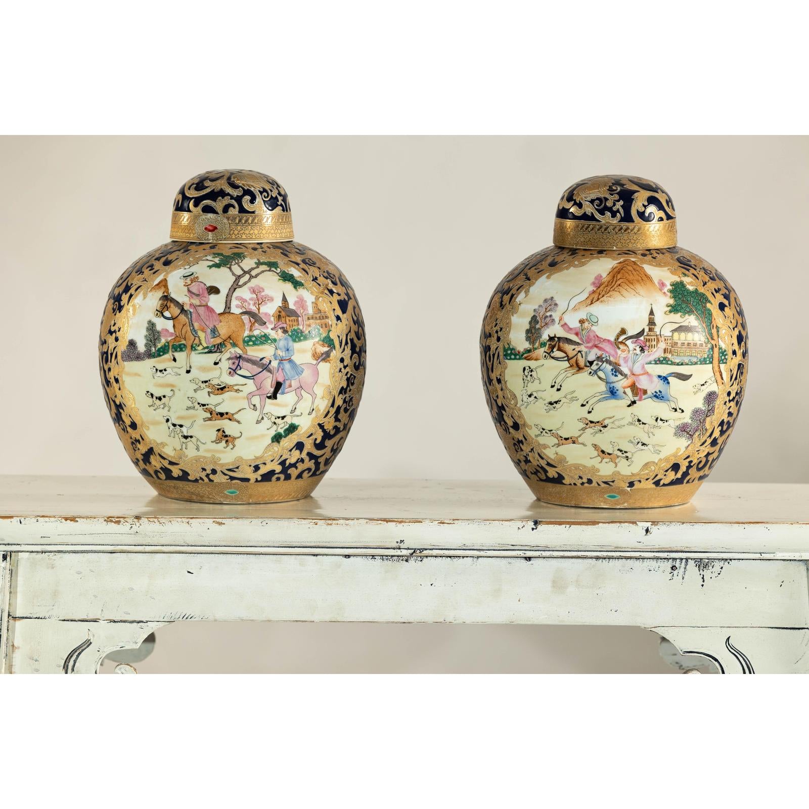 Pair of Blue and Gold Lidded Porcelain Urns with Equestrian Hunt Scene-3. Asian &amp; Chinese Furniture, Art, Antiques, Vintage Home Décor for sale at FEA Home