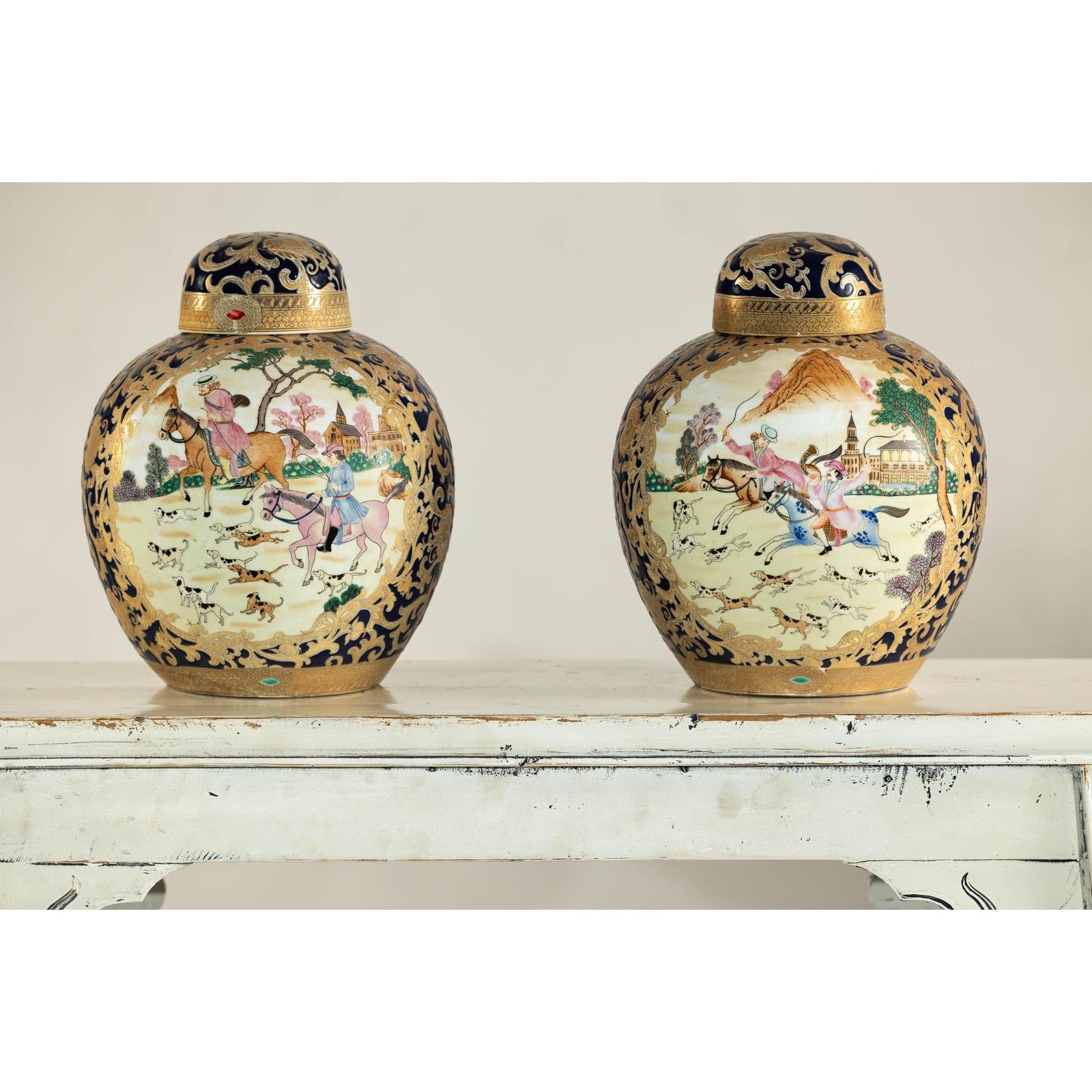 Pair of Blue and Gold Lidded Porcelain Urns with Equestrian Hunt Scene-4. Asian &amp; Chinese Furniture, Art, Antiques, Vintage Home Décor for sale at FEA Home