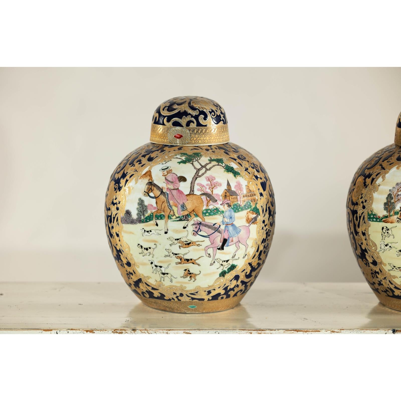 Pair of Blue and Gold Lidded Porcelain Urns with Equestrian Hunt Scene-5. Asian &amp; Chinese Furniture, Art, Antiques, Vintage Home Décor for sale at FEA Home