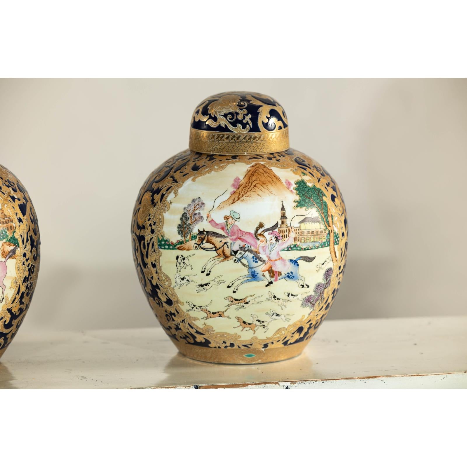 Pair of Blue and Gold Lidded Porcelain Urns with Equestrian Hunt Scene-6. Asian &amp; Chinese Furniture, Art, Antiques, Vintage Home Décor for sale at FEA Home