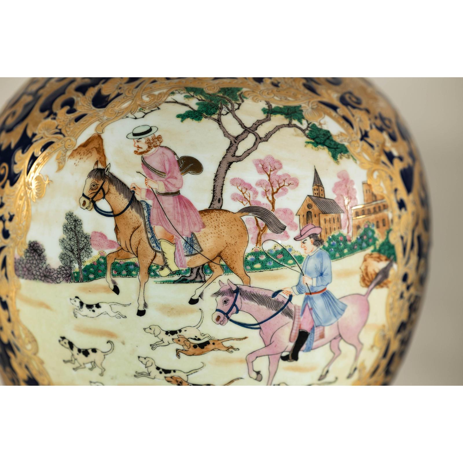 Pair of Blue and Gold Lidded Porcelain Urns with Equestrian Hunt Scene-7. Asian &amp; Chinese Furniture, Art, Antiques, Vintage Home Décor for sale at FEA Home