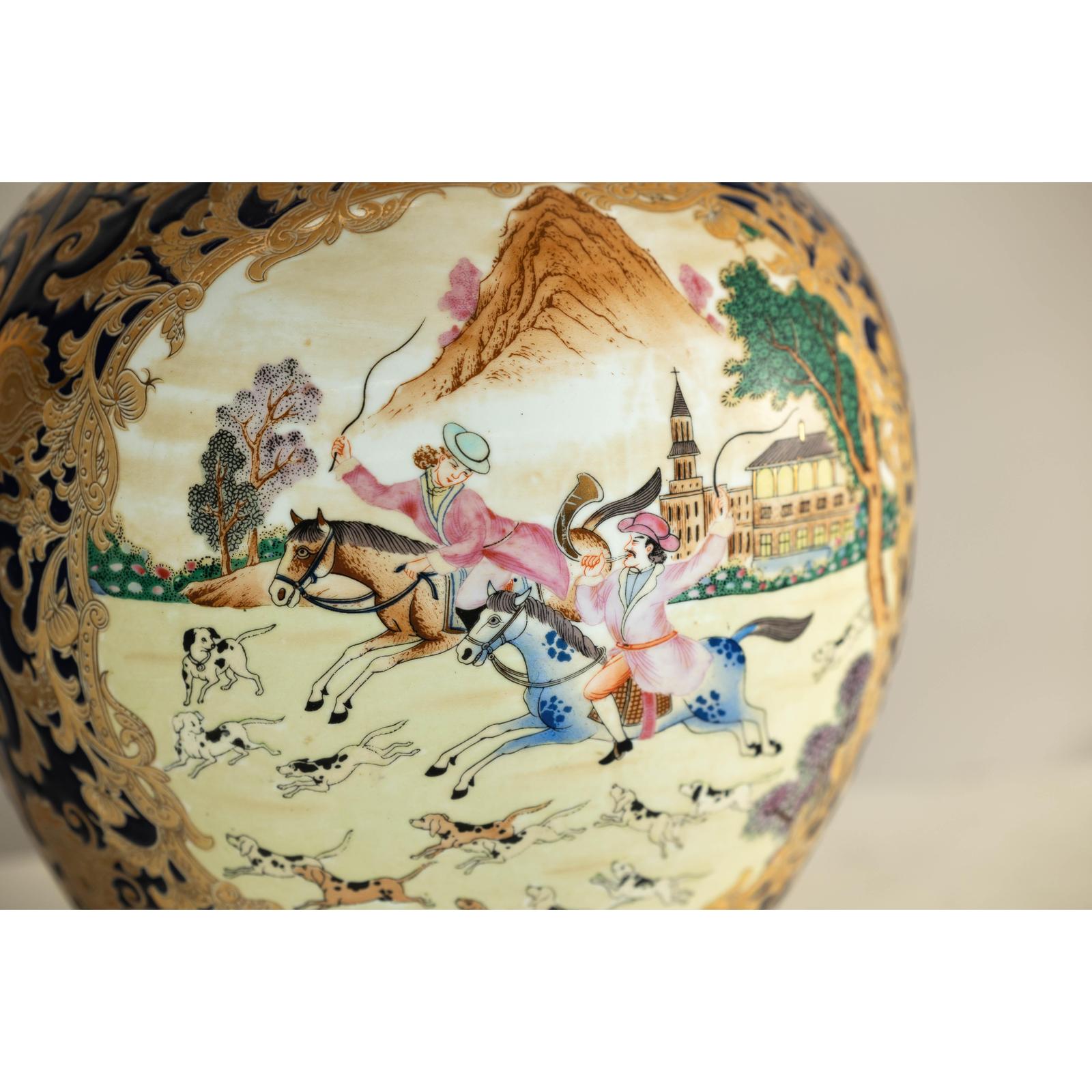Pair of Blue and Gold Lidded Porcelain Urns with Equestrian Hunt Scene-8. Asian &amp; Chinese Furniture, Art, Antiques, Vintage Home Décor for sale at FEA Home