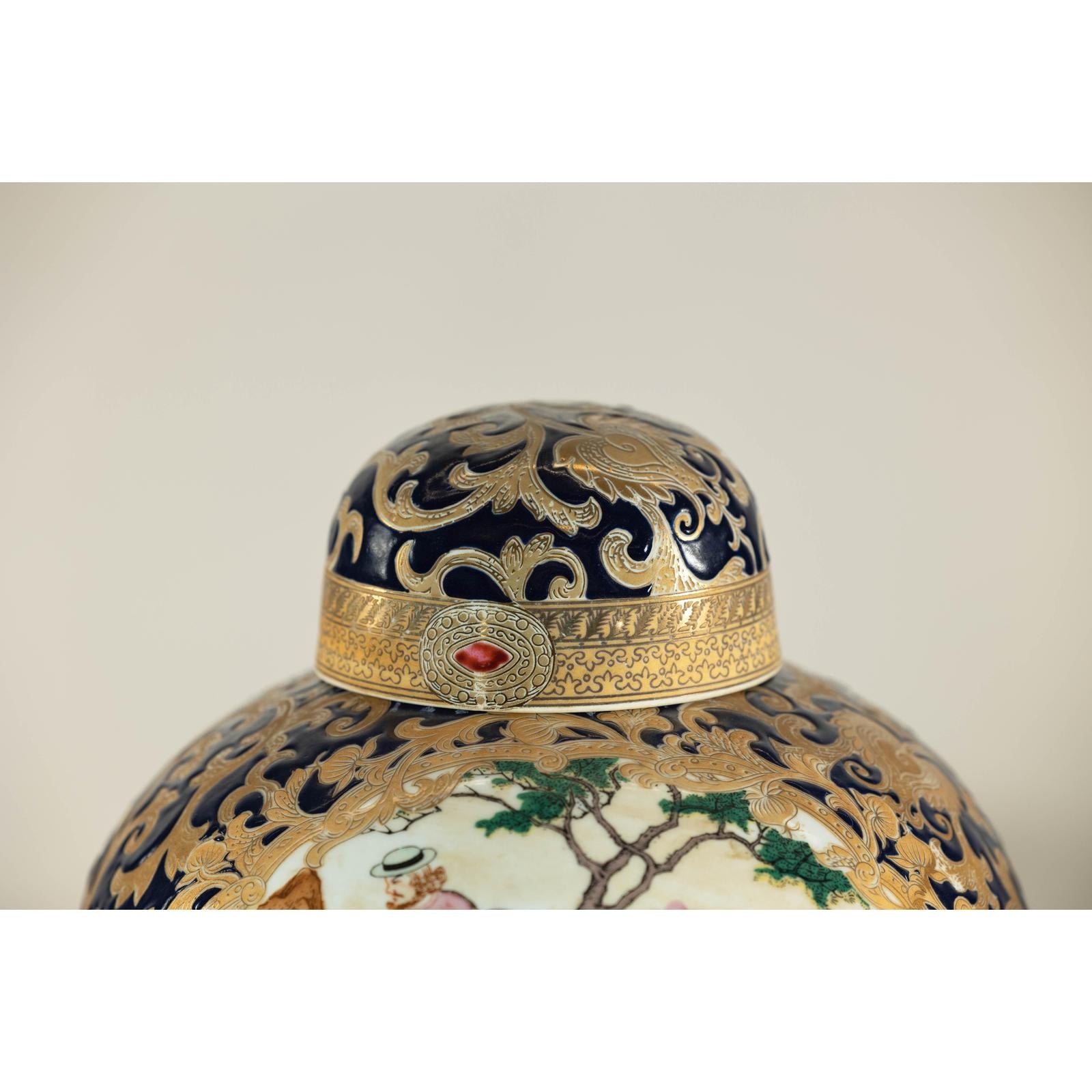 Pair of Blue and Gold Lidded Porcelain Urns with Equestrian Hunt Scene-9. Asian &amp; Chinese Furniture, Art, Antiques, Vintage Home Décor for sale at FEA Home