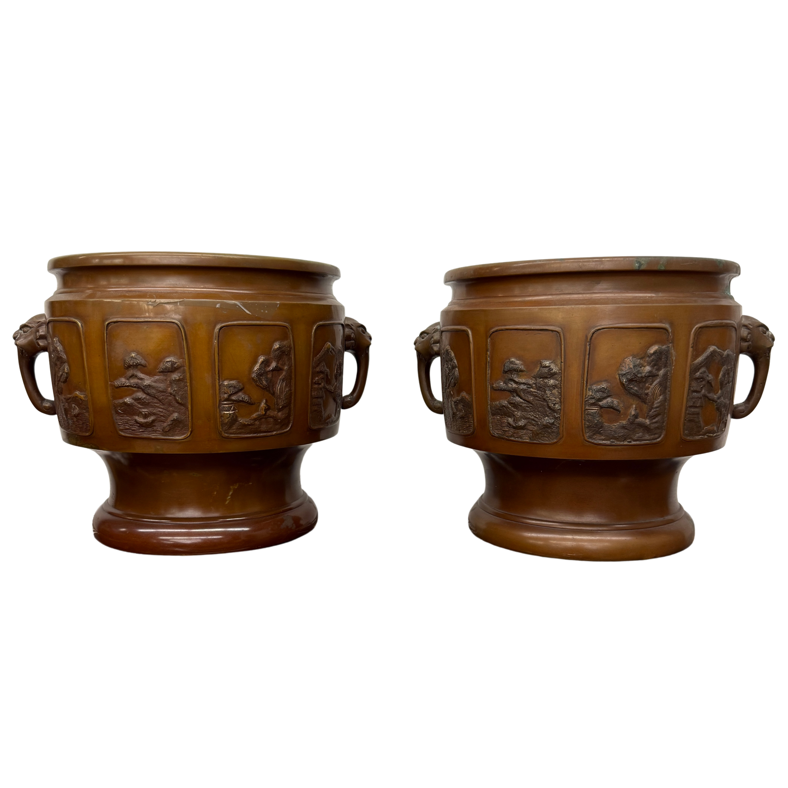 Pair of Bronze Japanese Hibachi Vessels with Side Lion Handles - FEA Home
