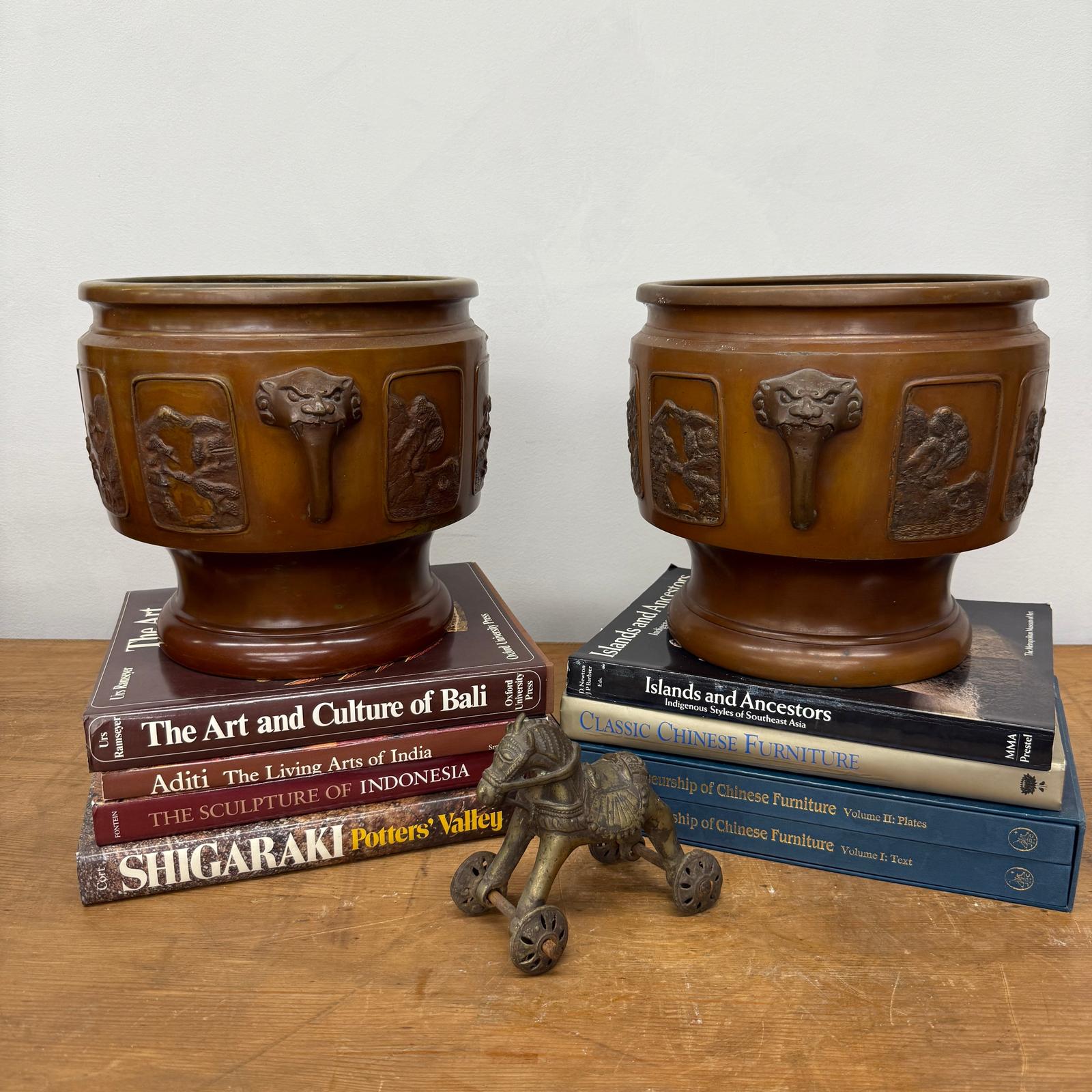 Pair of Bronze Japanese Hibachi Vessels with Side Lion Handles, SKU , image 4
