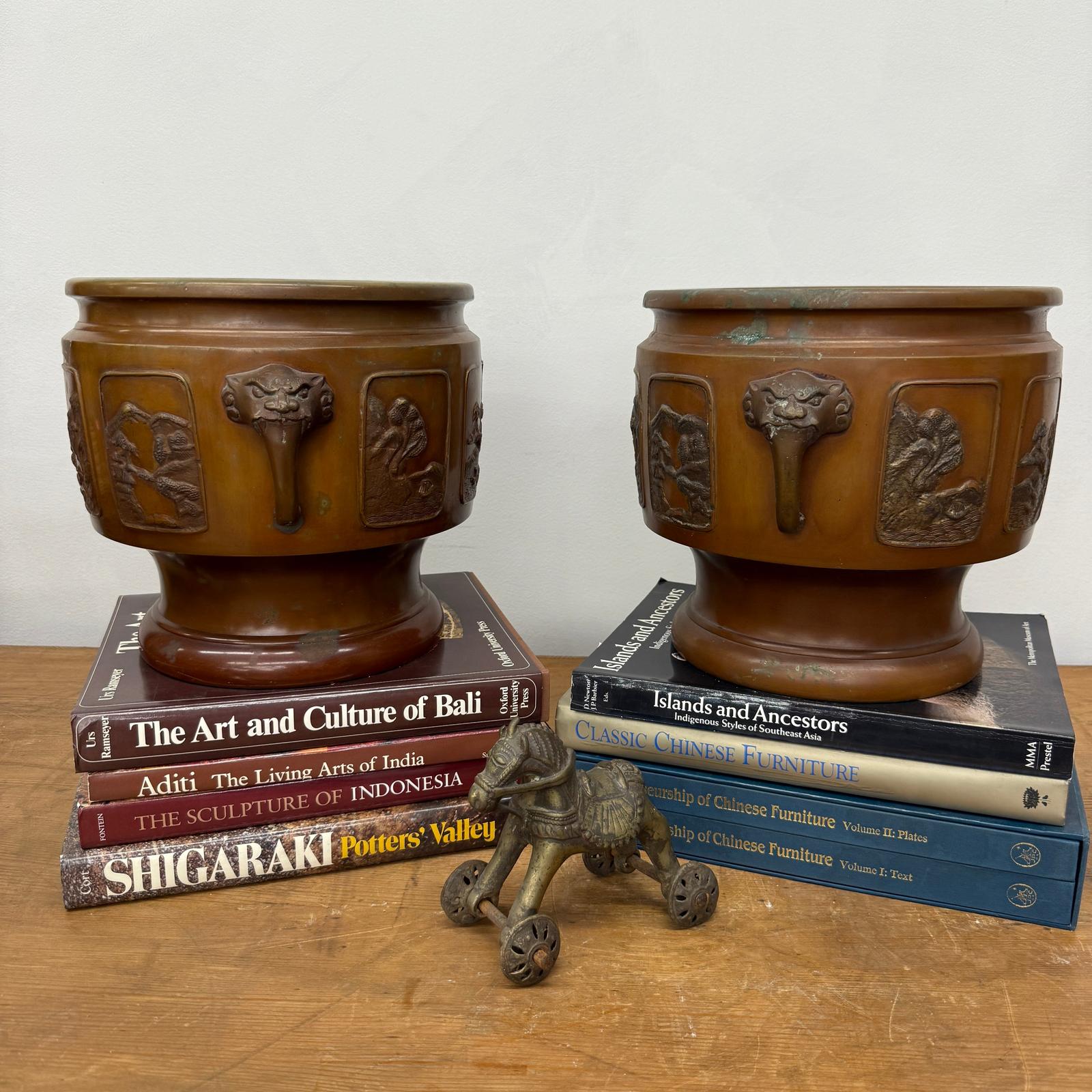 Pair of Bronze Japanese Hibachi Vessels with Side Lion Handles, SKU , image 5