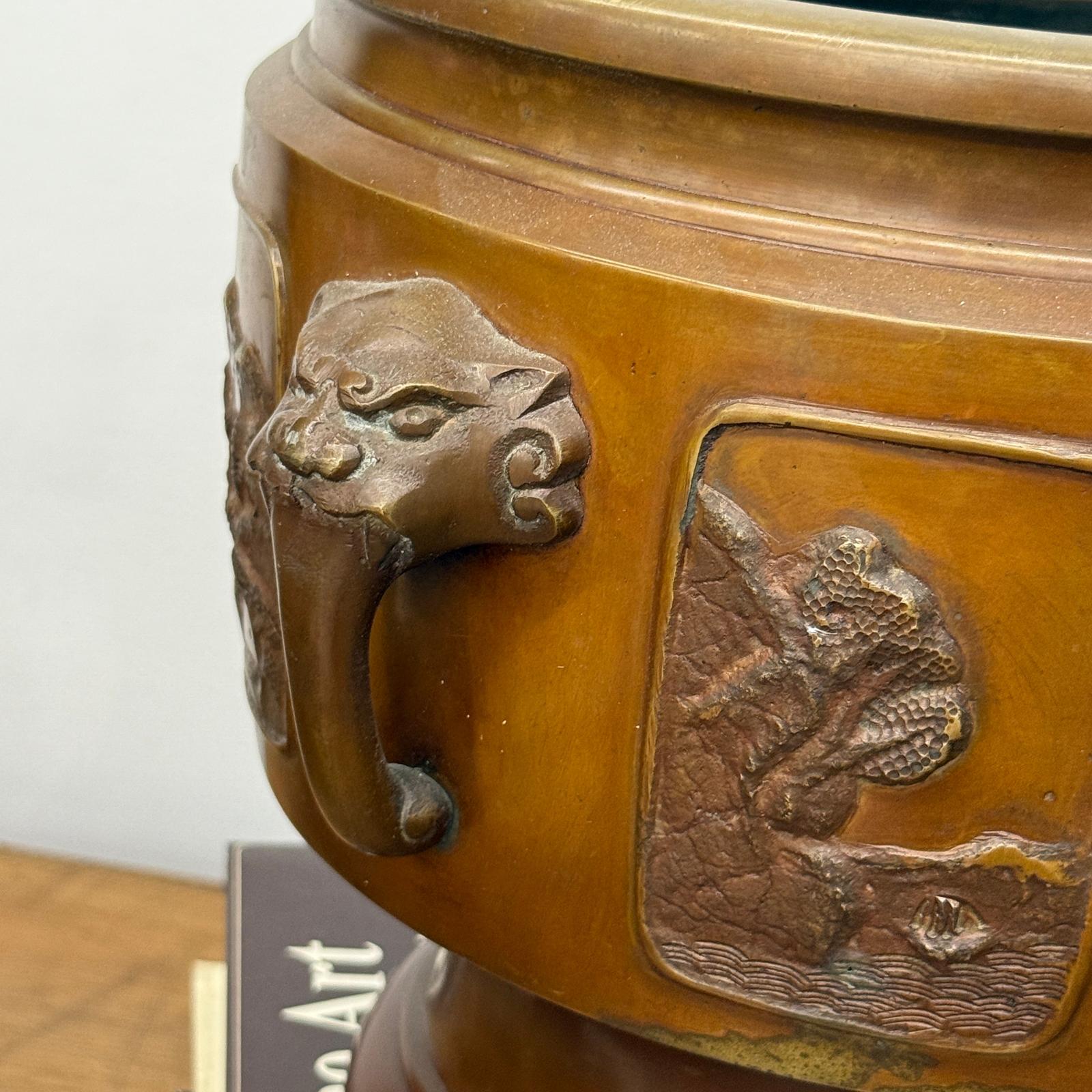 Pair of Bronze Japanese Hibachi Vessels with Side Lion Handles, SKU , image 10
