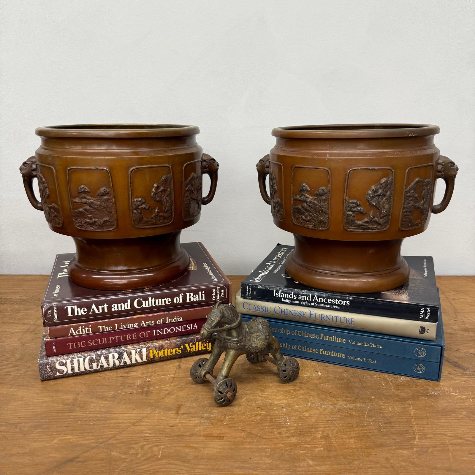 Pair of Bronze Japanese Hibachi Vessels with Side Lion Handles, SKU , image 3