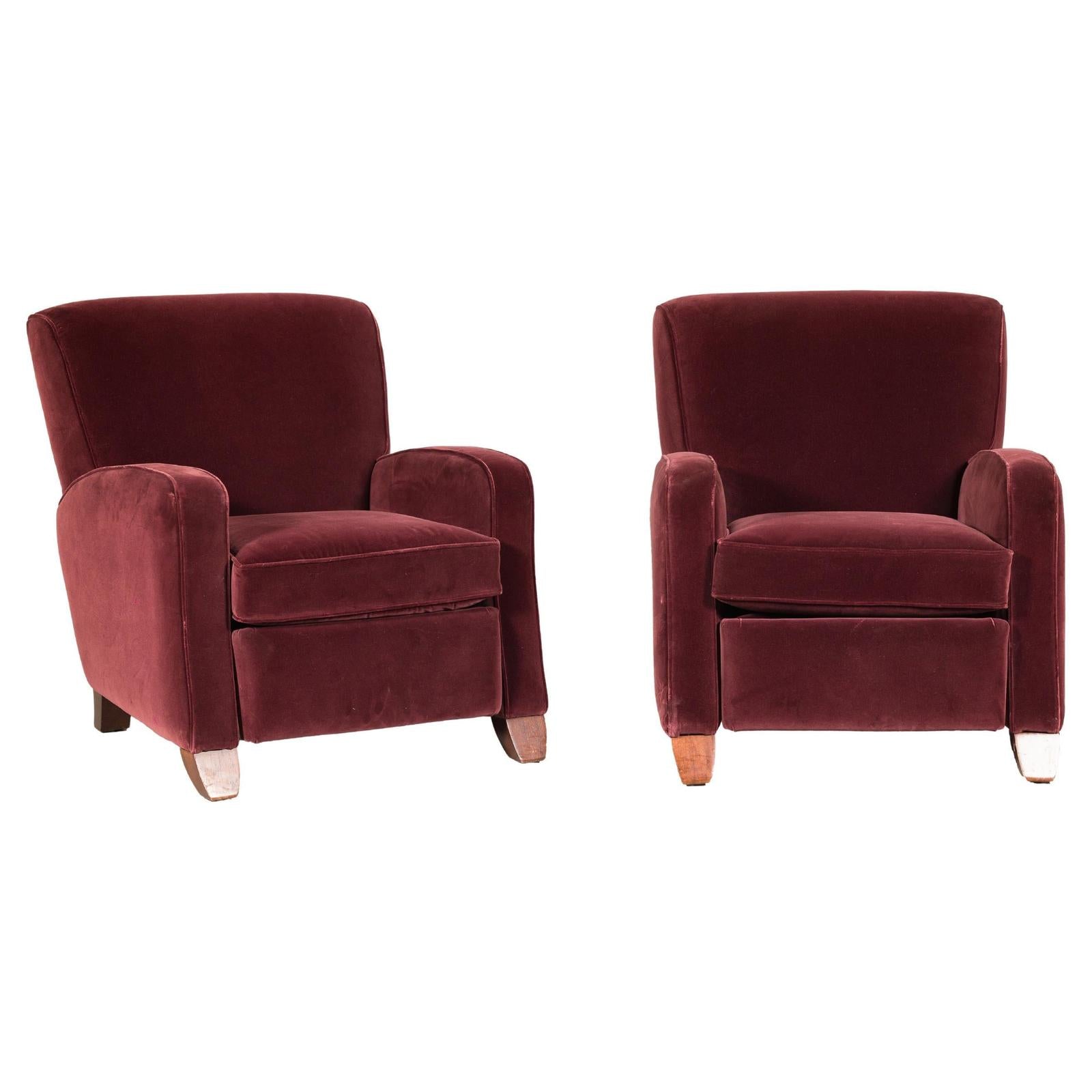 Pair of Burgundy Velvet Club Reclining Lounge Chairs by BarcaLounger - Vintage-1. Asian & Chinese Furniture, Art, Antiques, Vintage Home Décor for sale at FEA Home