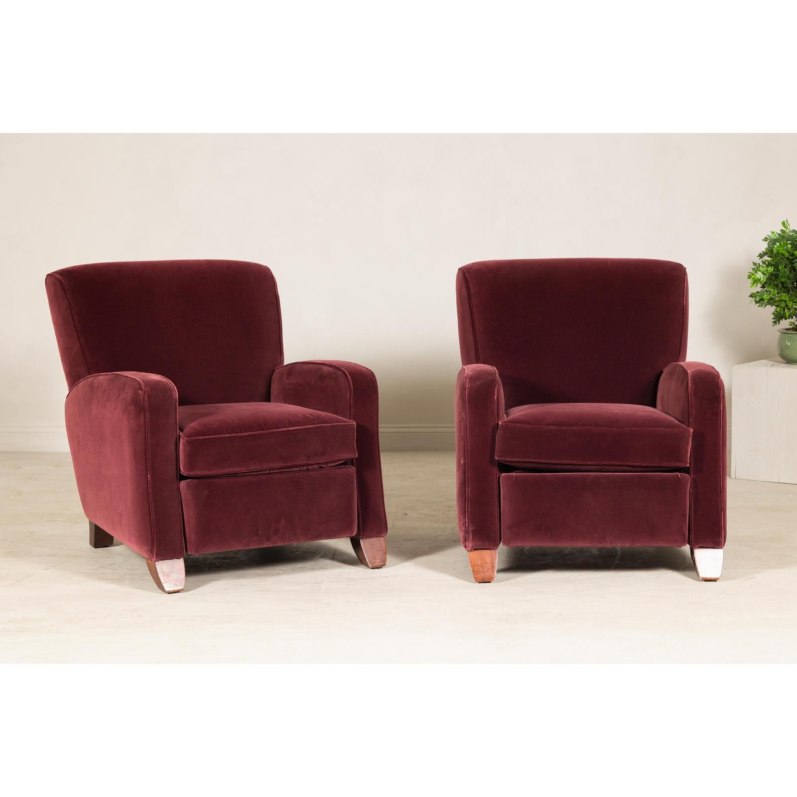 Pair of Burgundy Velvet Club Reclining Lounge Chairs by BarcaLounger - Vintage-2. Asian & Chinese Furniture, Art, Antiques, Vintage Home Décor for sale at FEA Home
