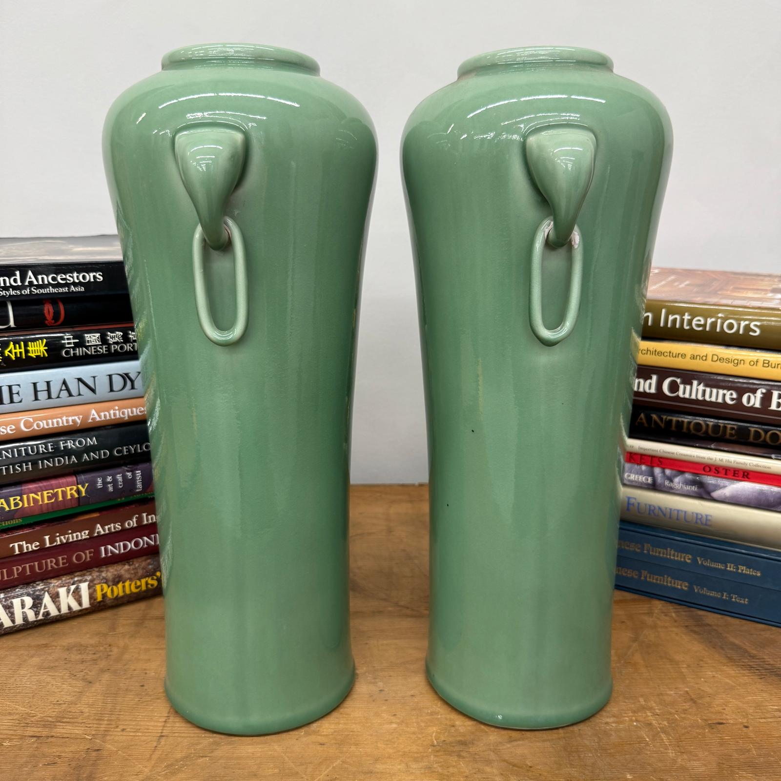 Pair of Celadon Ceramic Vases with Elegant Ring Handles, SKU , image 2