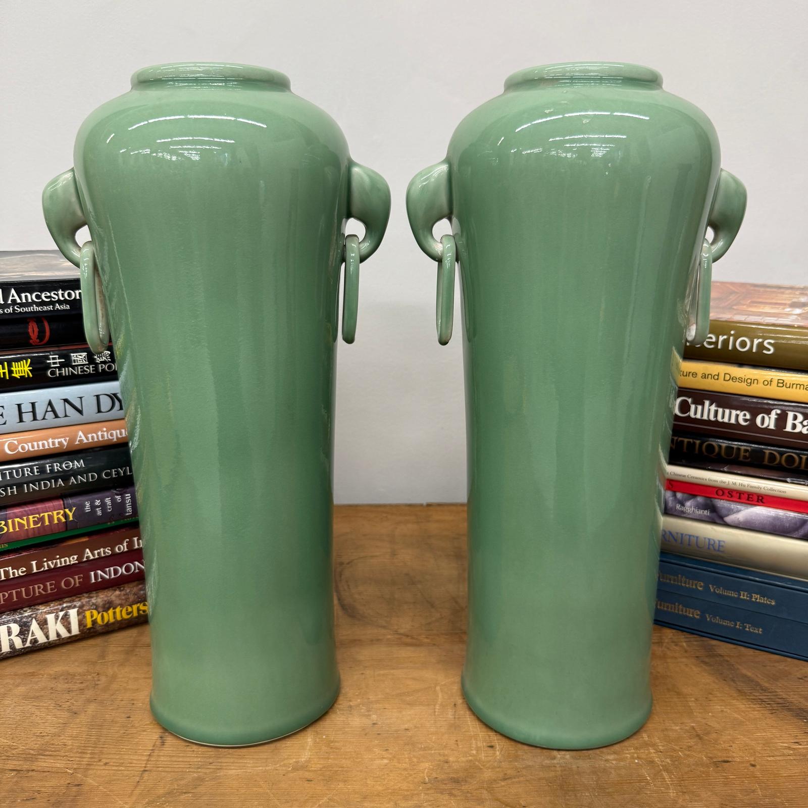 Pair of Celadon Ceramic Vases with Elegant Ring Handles, SKU , image 3