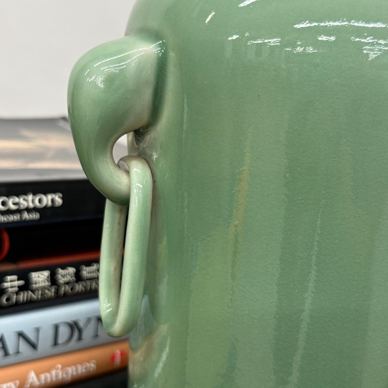 Pair of Celadon Ceramic Vases with Elegant Ring Handles, SKU , image 4